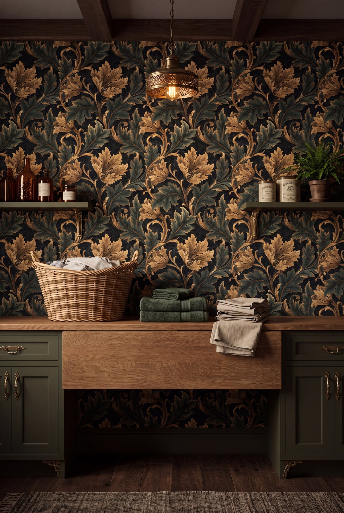 Verdant Choir wallpaper shown in a laundry room