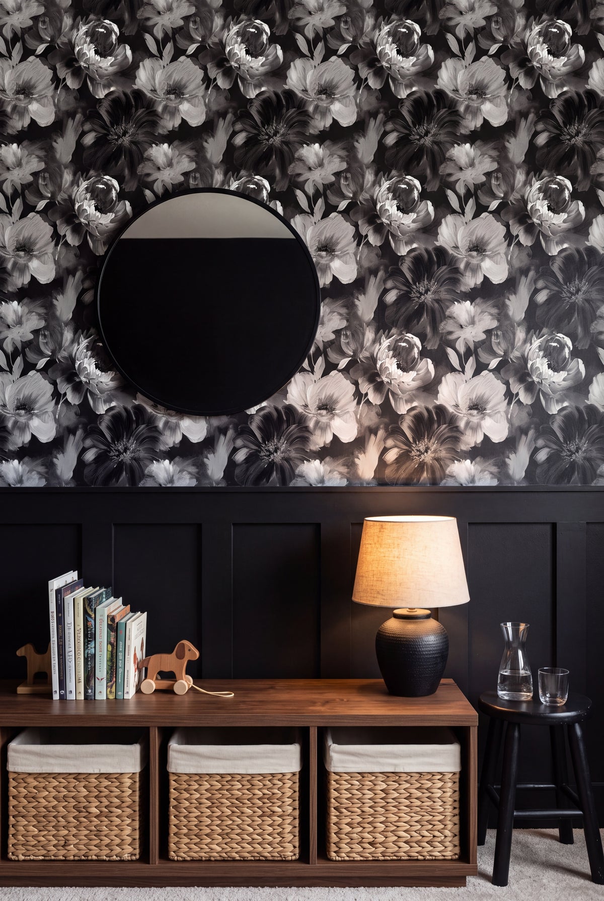 Ink Peony wallpaper shown in a kids room