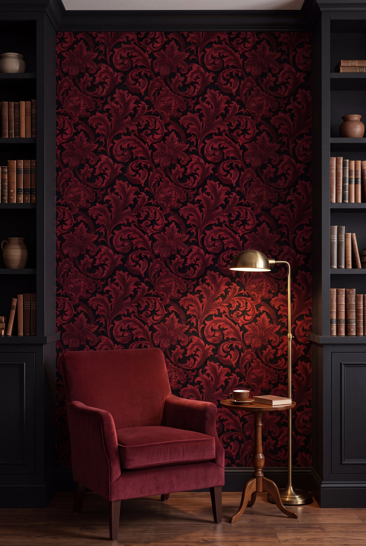 Claret Acanthus wallpaper shown in a reading nook