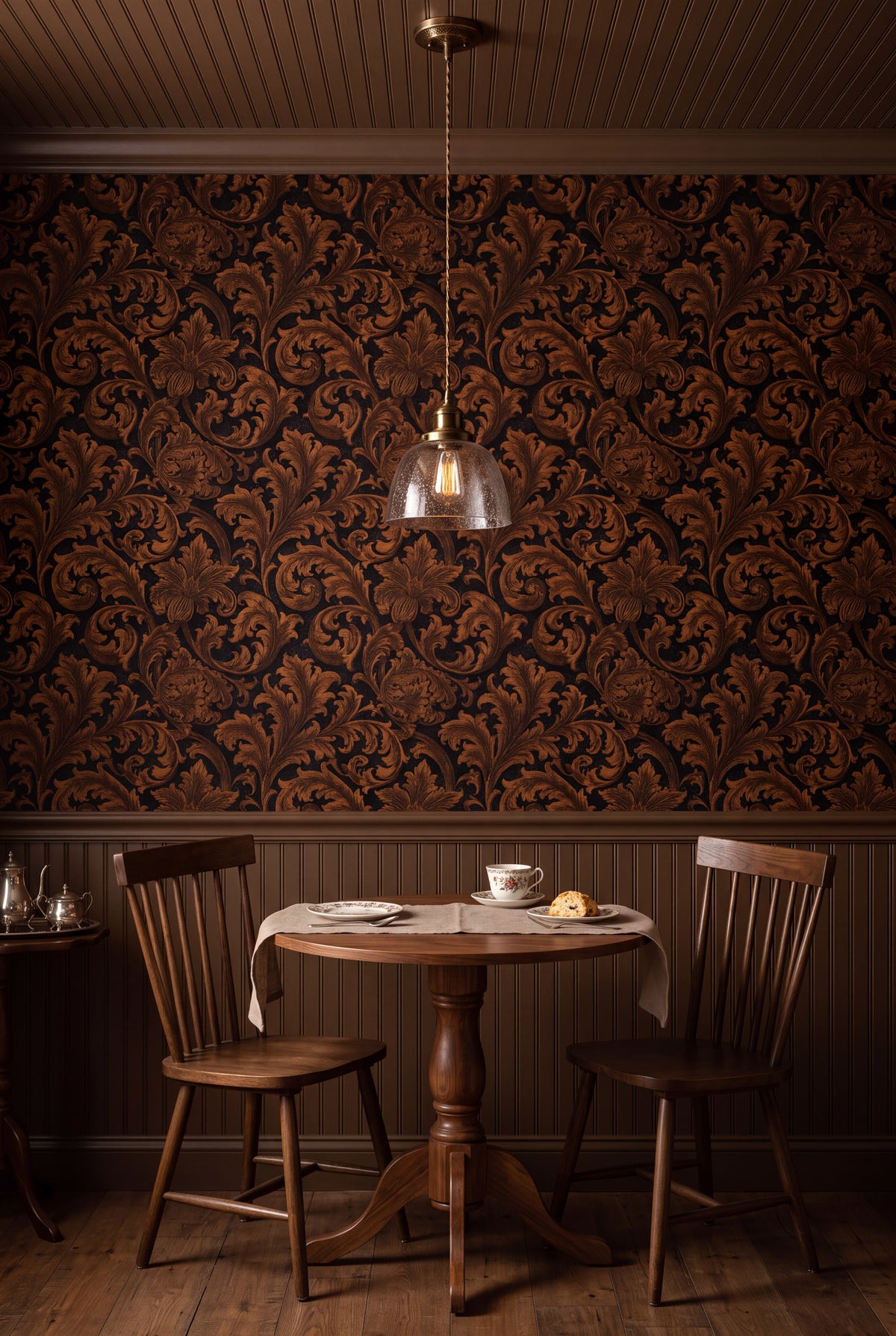 Amber Acanthus wallpaper shown in a kitchen breakfast nook