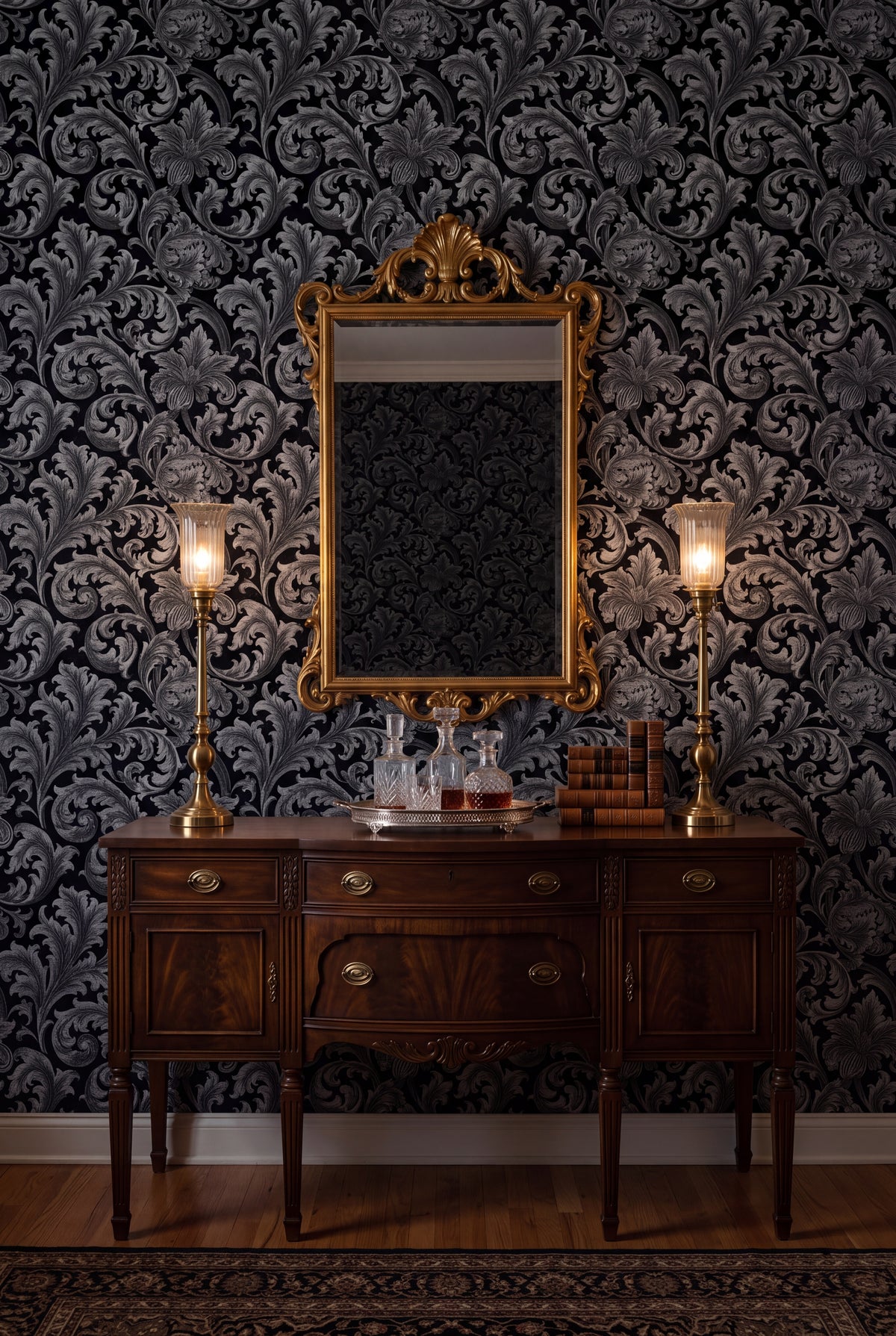 Silver Acanthus wallpaper shown in a dining room