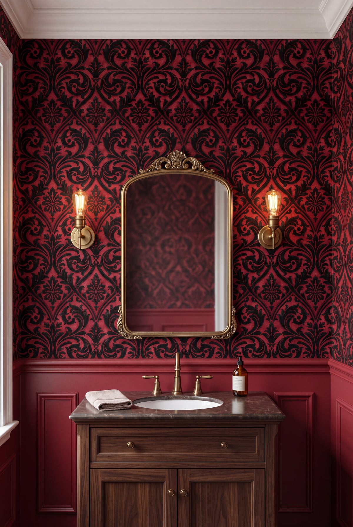 Ruby Silhouette wallpaper shown in a powder room