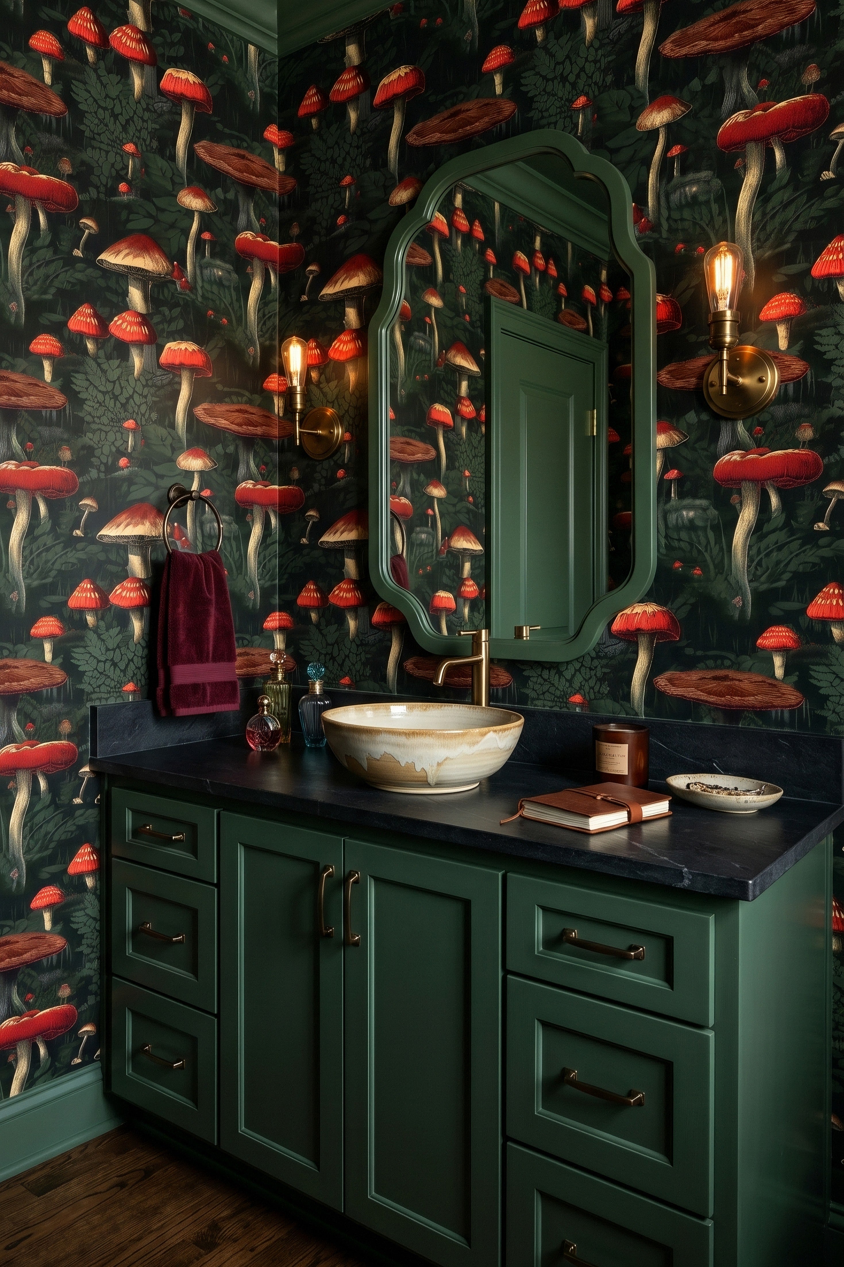 Crimson Cap wallpaper shown in a powder room