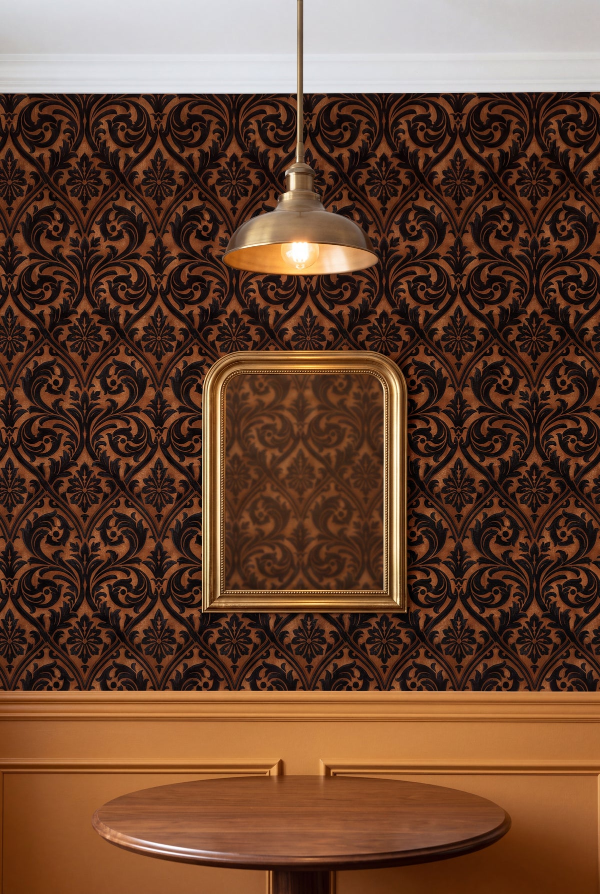 Amber Silhouette wallpaper shown in a kitchen breakfast nook