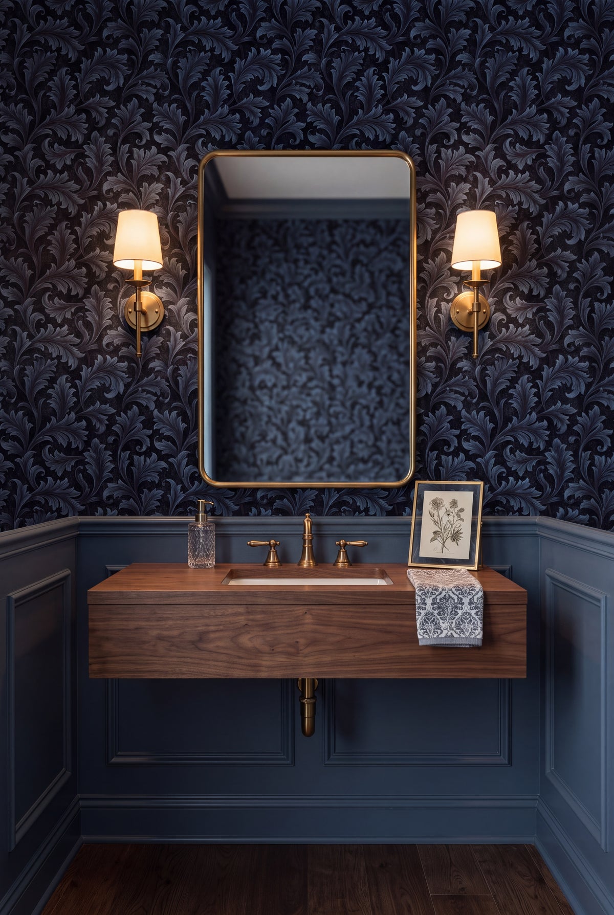 Steel Frond wallpaper shown in a powder room