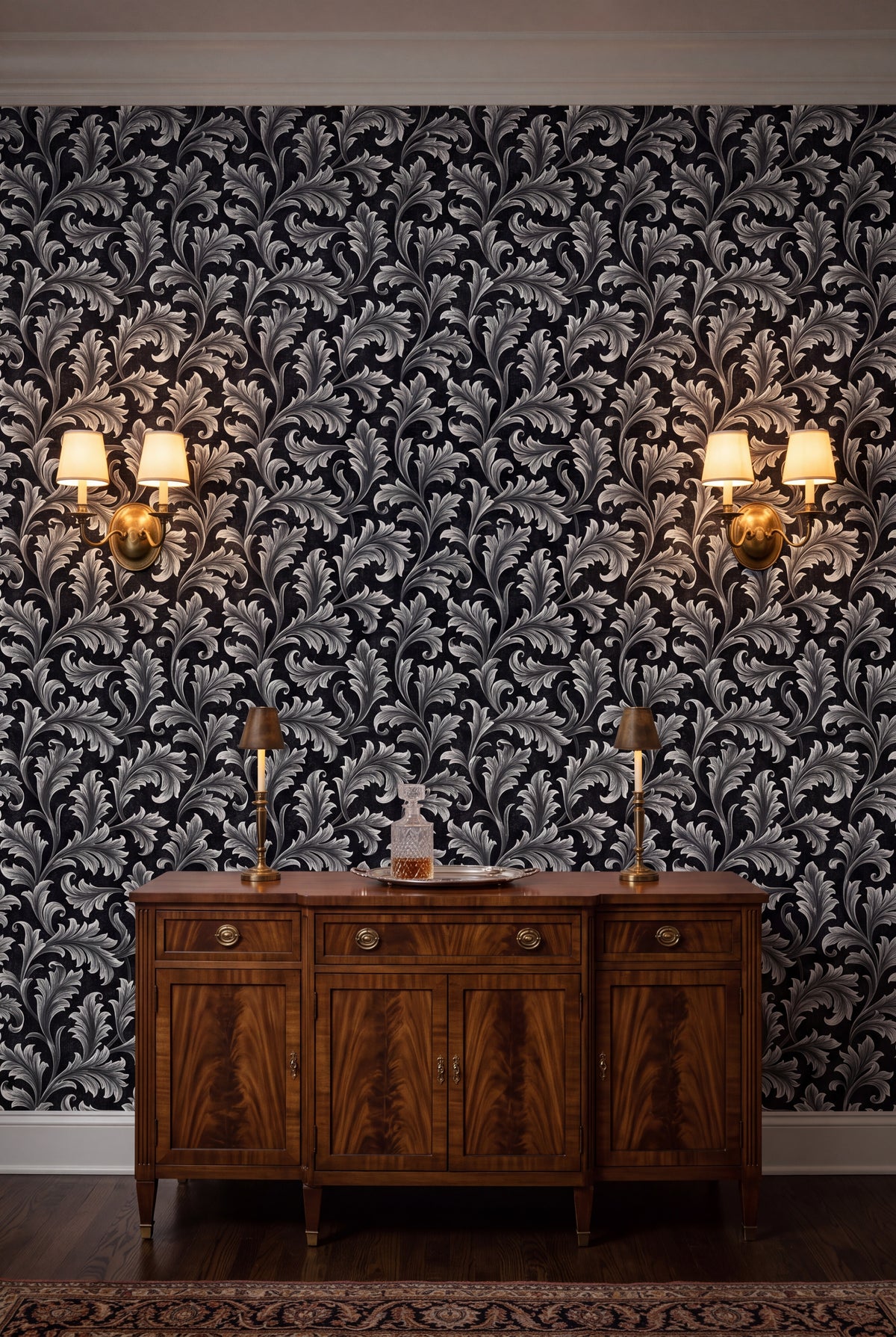 Pearl Frond wallpaper shown in a dining room