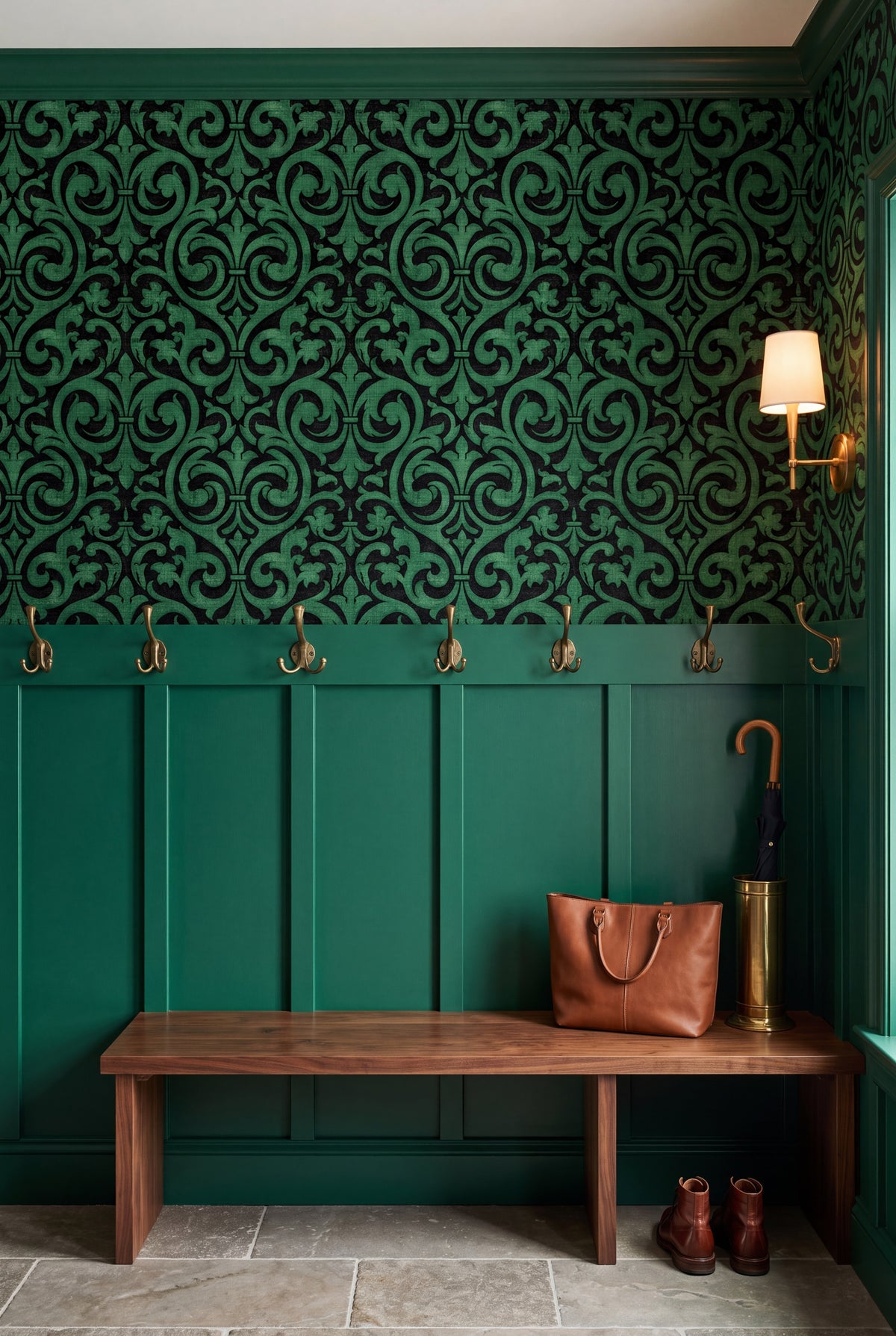 Emerald Fleur wallpaper shown in a mudroom