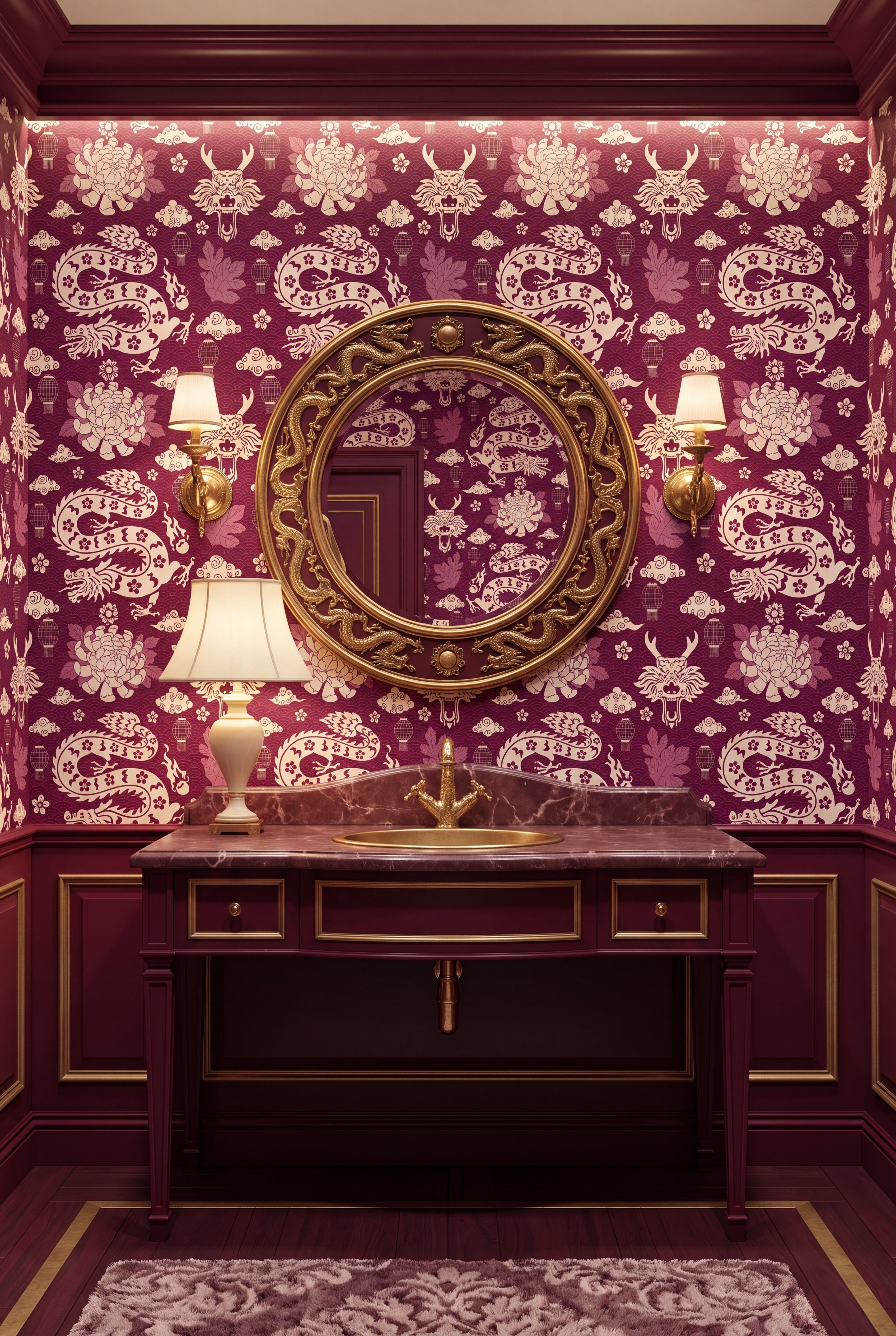 Dragon's Den wallpaper shown in a powder room