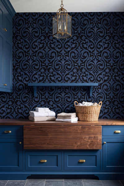Regent Fleur wallpaper shown in a laundry room