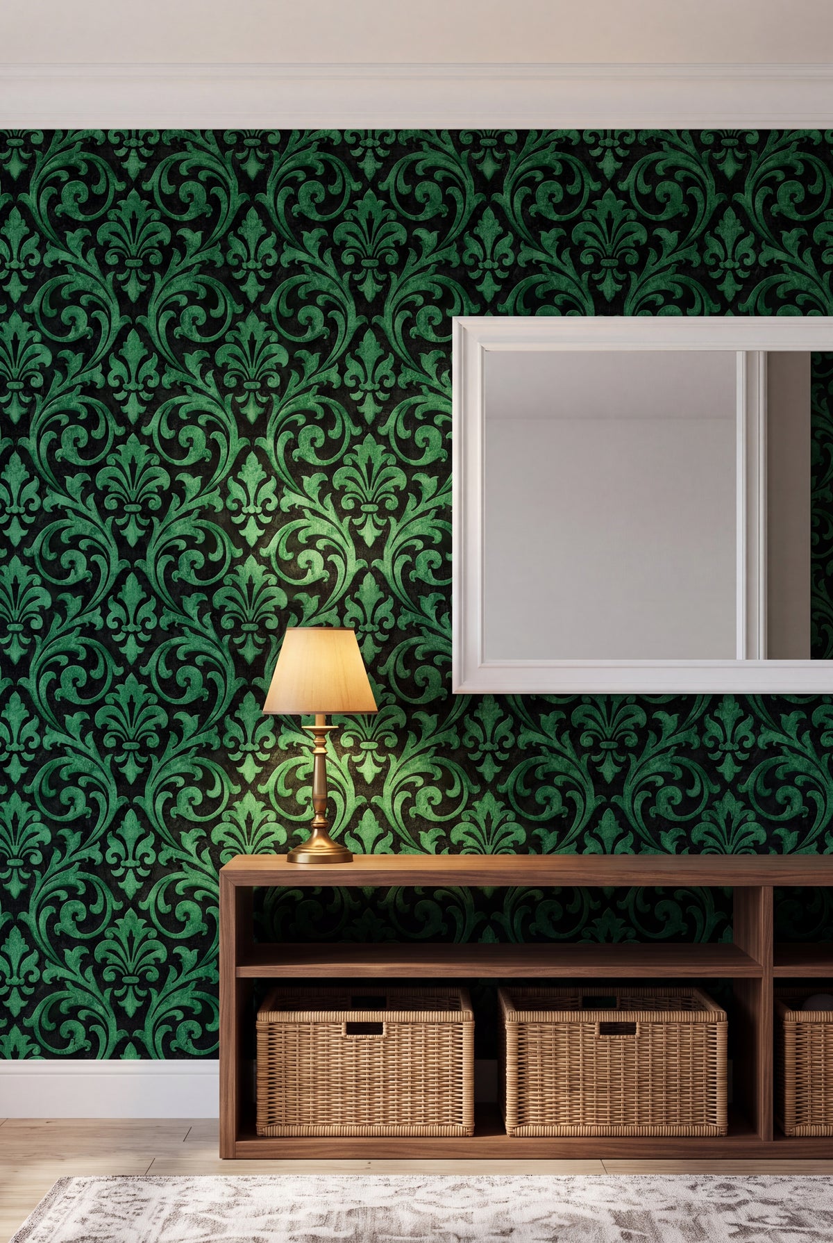Jade Scrollwork wallpaper shown in a kids room