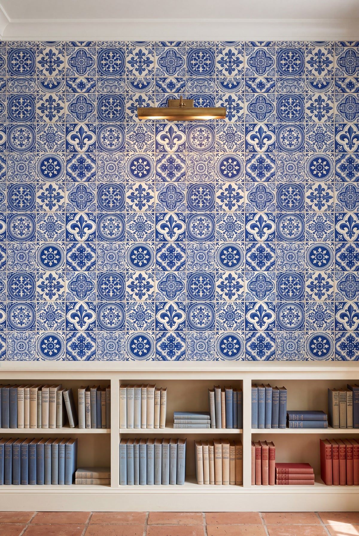 Lisbon Blue wallpaper shown in a library