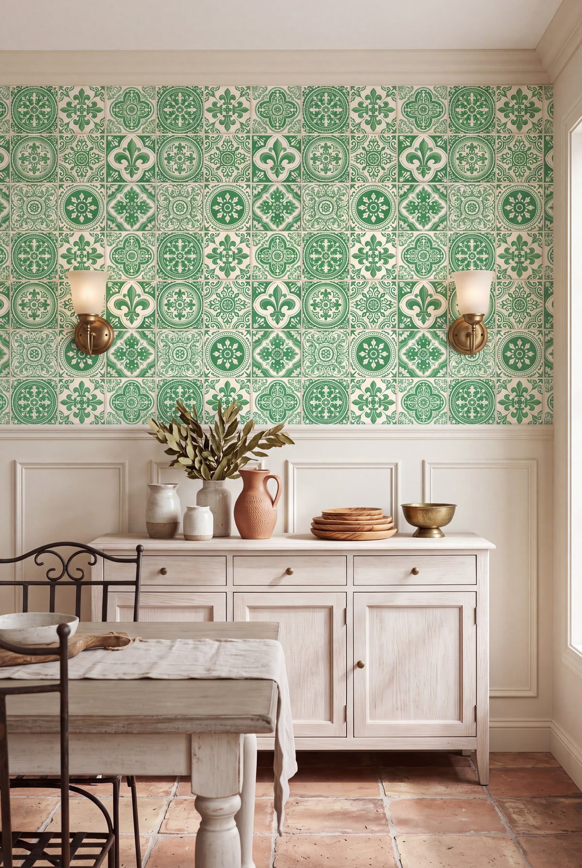 Lisbon Verde wallpaper shown in a dining room