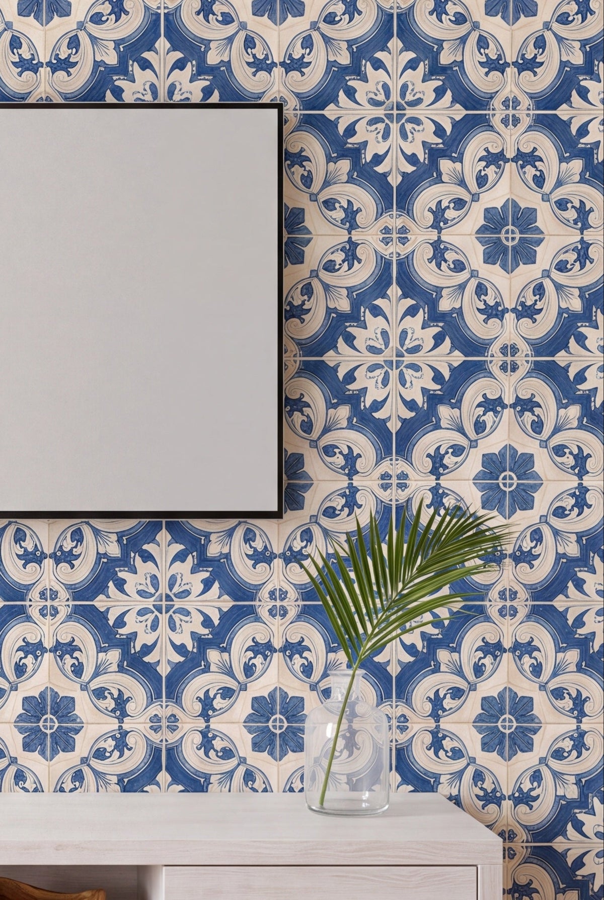 Porto Blue wallpaper shown in a media room