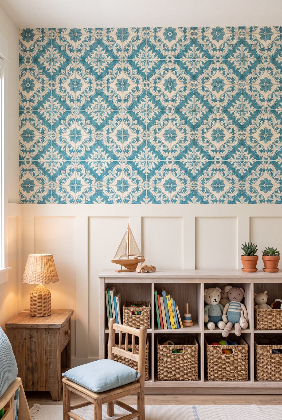 Porto Teal wallpaper shown in a kids room