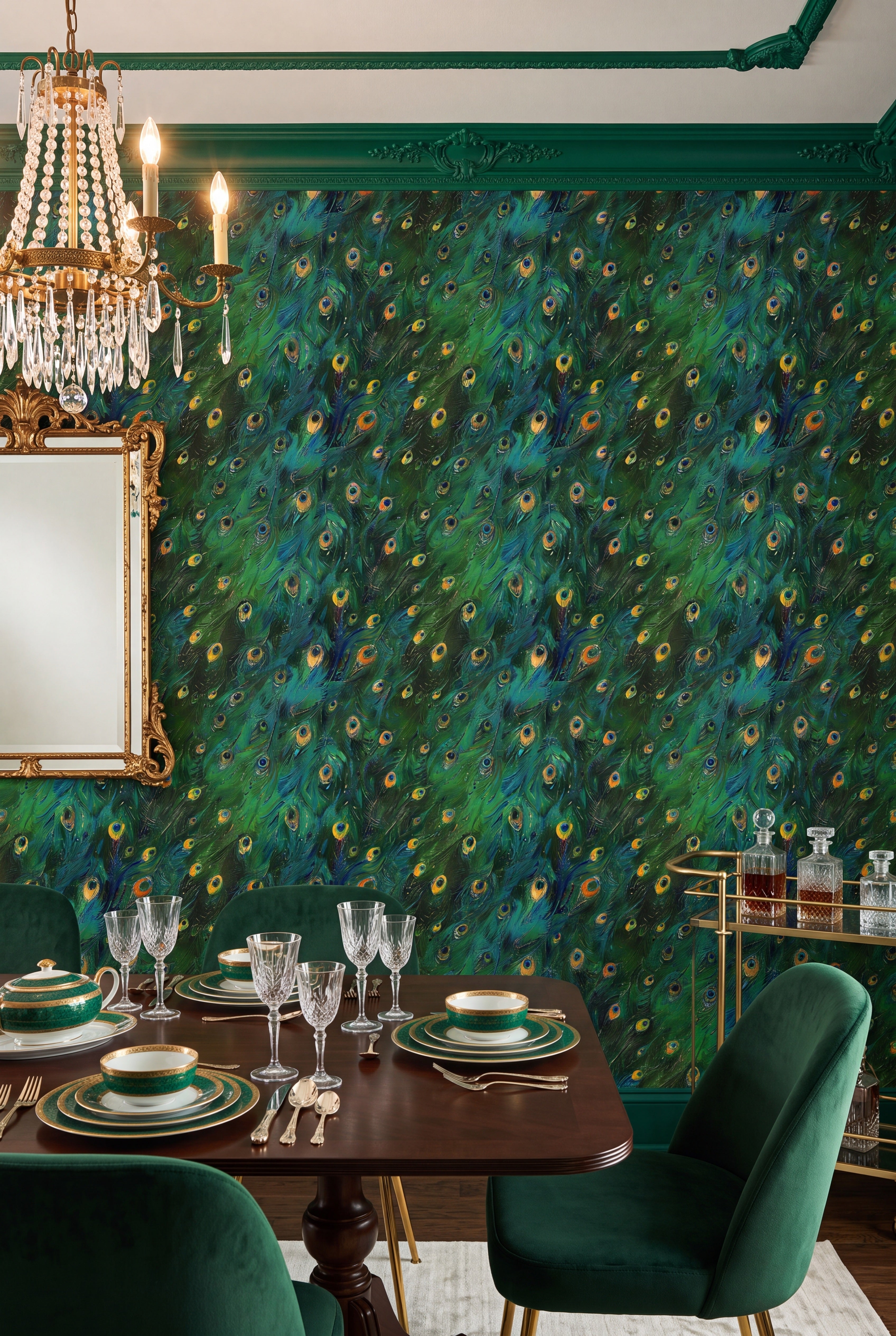 Peacock Parade wallpaper shown in a dining room