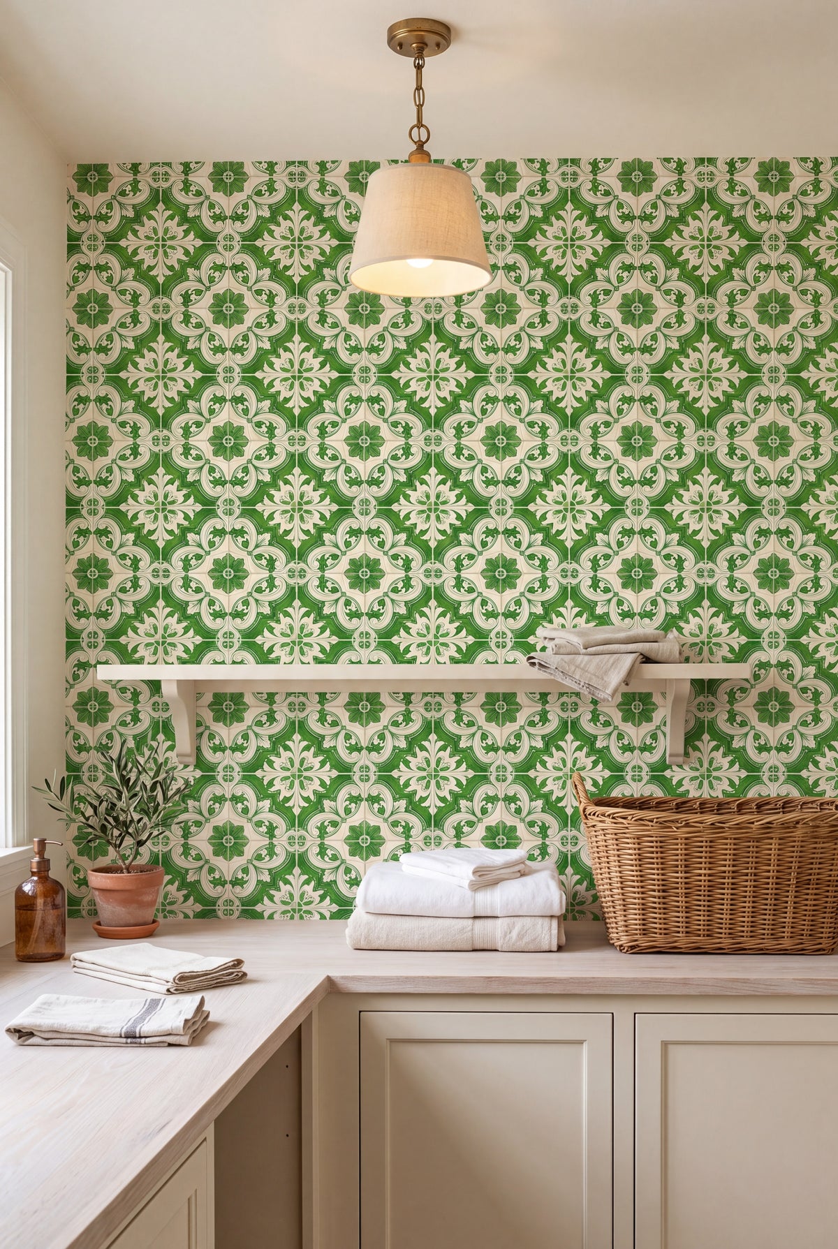 Porto Green wallpaper shown in a laundry room