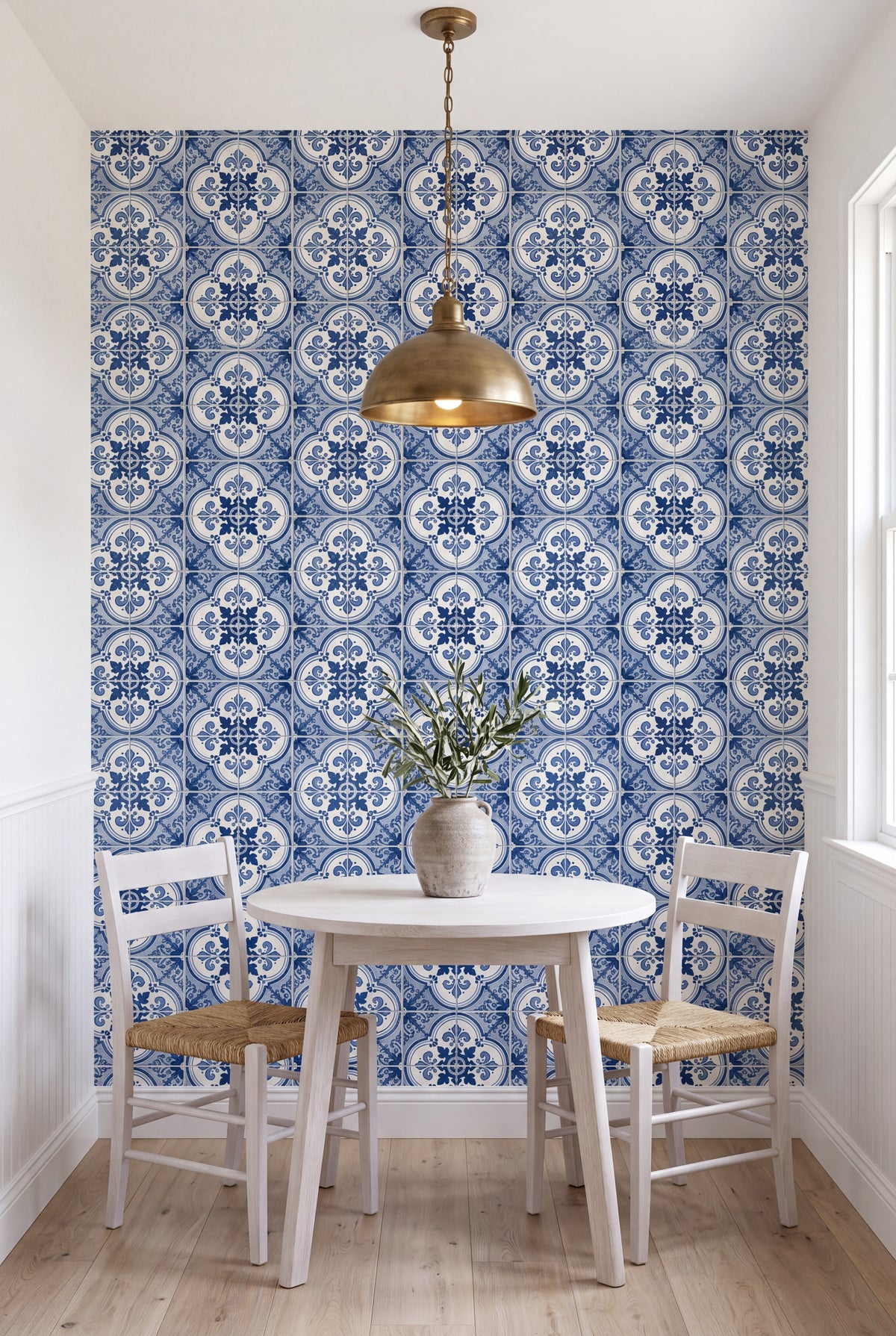Sintra Blue wallpaper shown in a kitchen breakfast nook