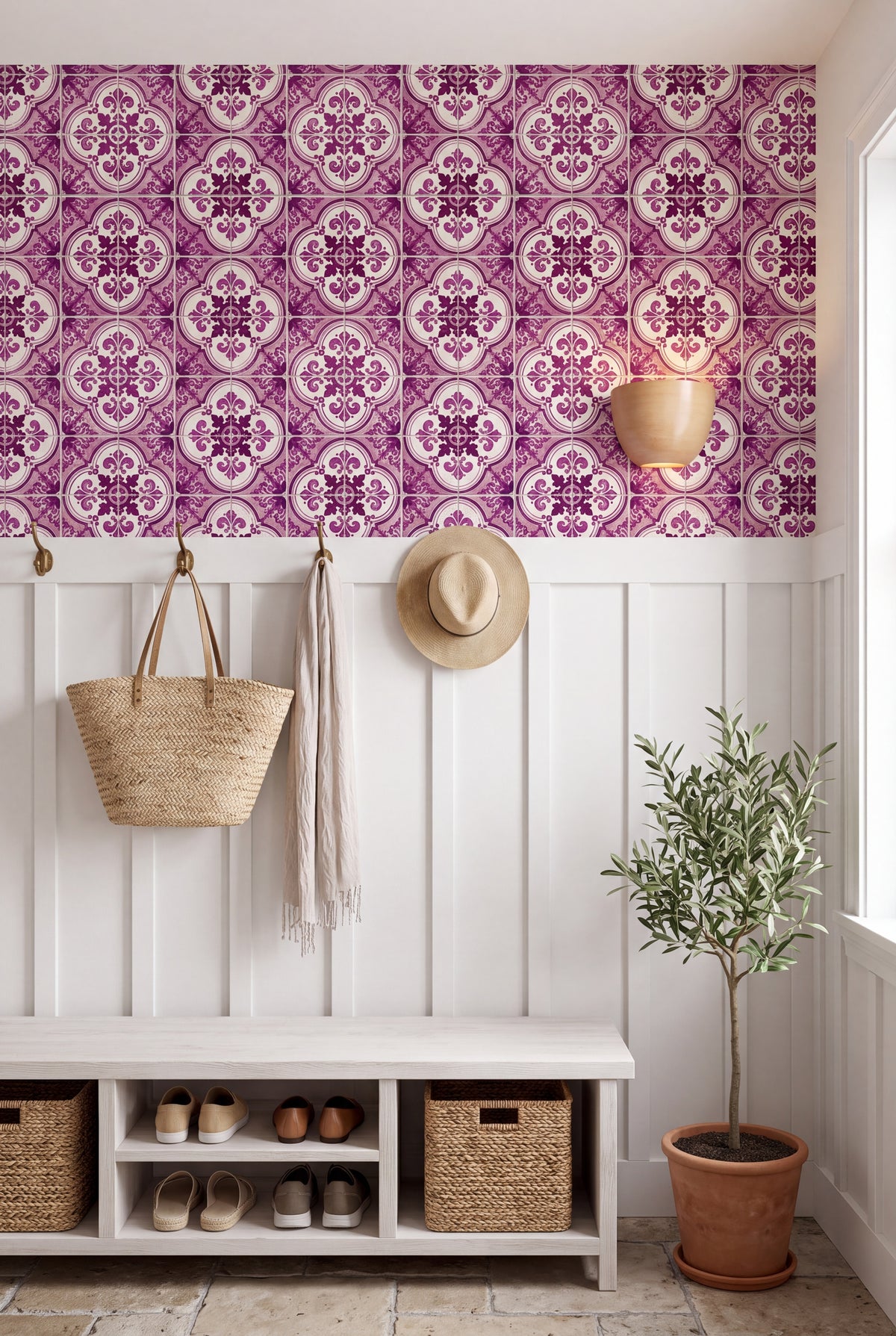 Sintra Plum wallpaper shown in a mudroom