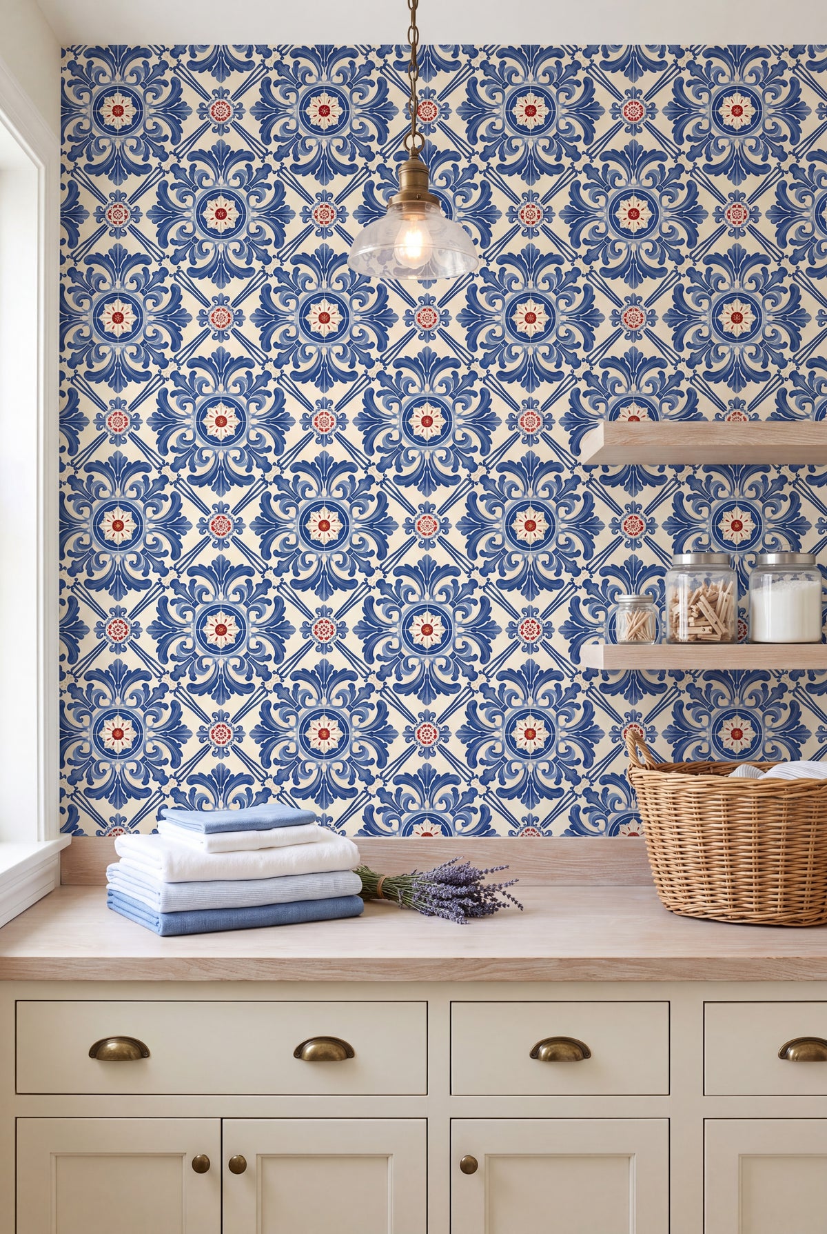 Coimbra Blue wallpaper shown in a laundry room