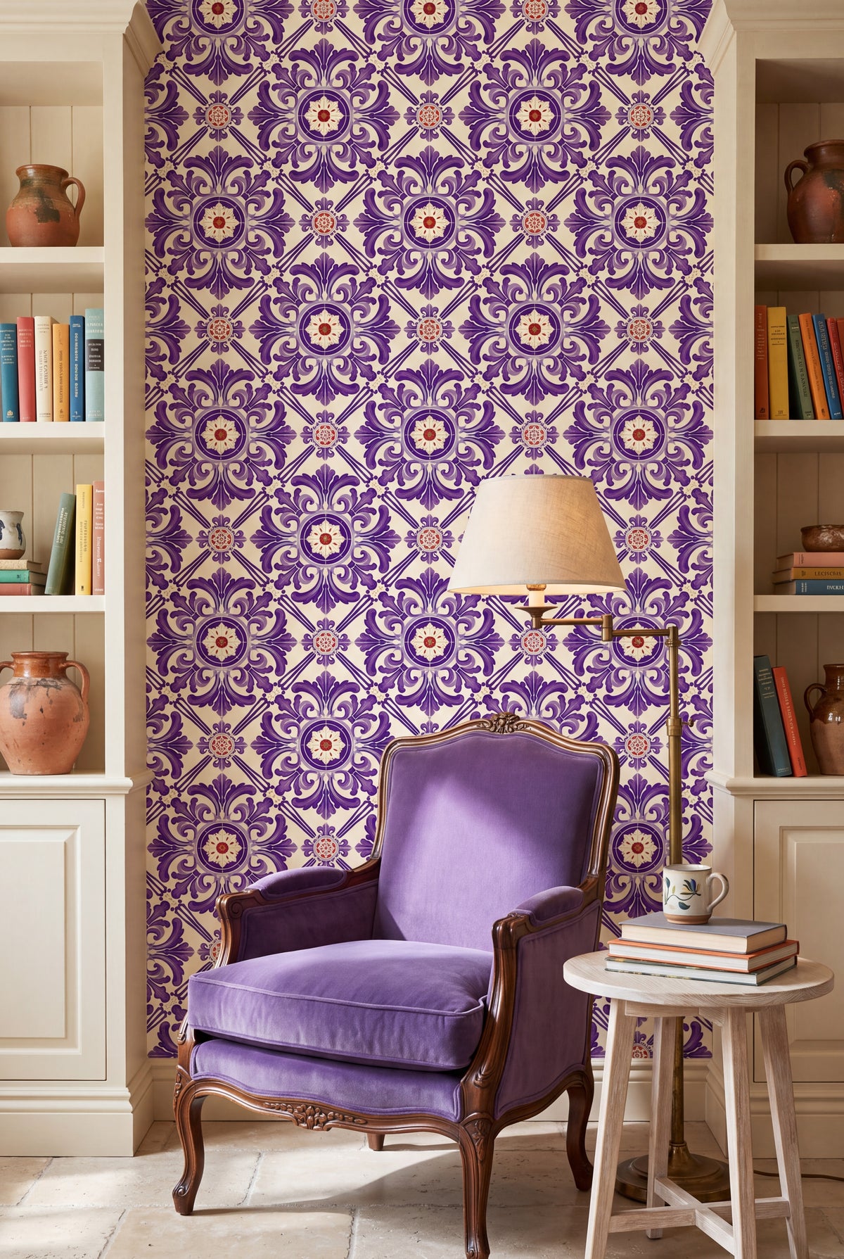 Coimbra Violet wallpaper shown in a reading nook