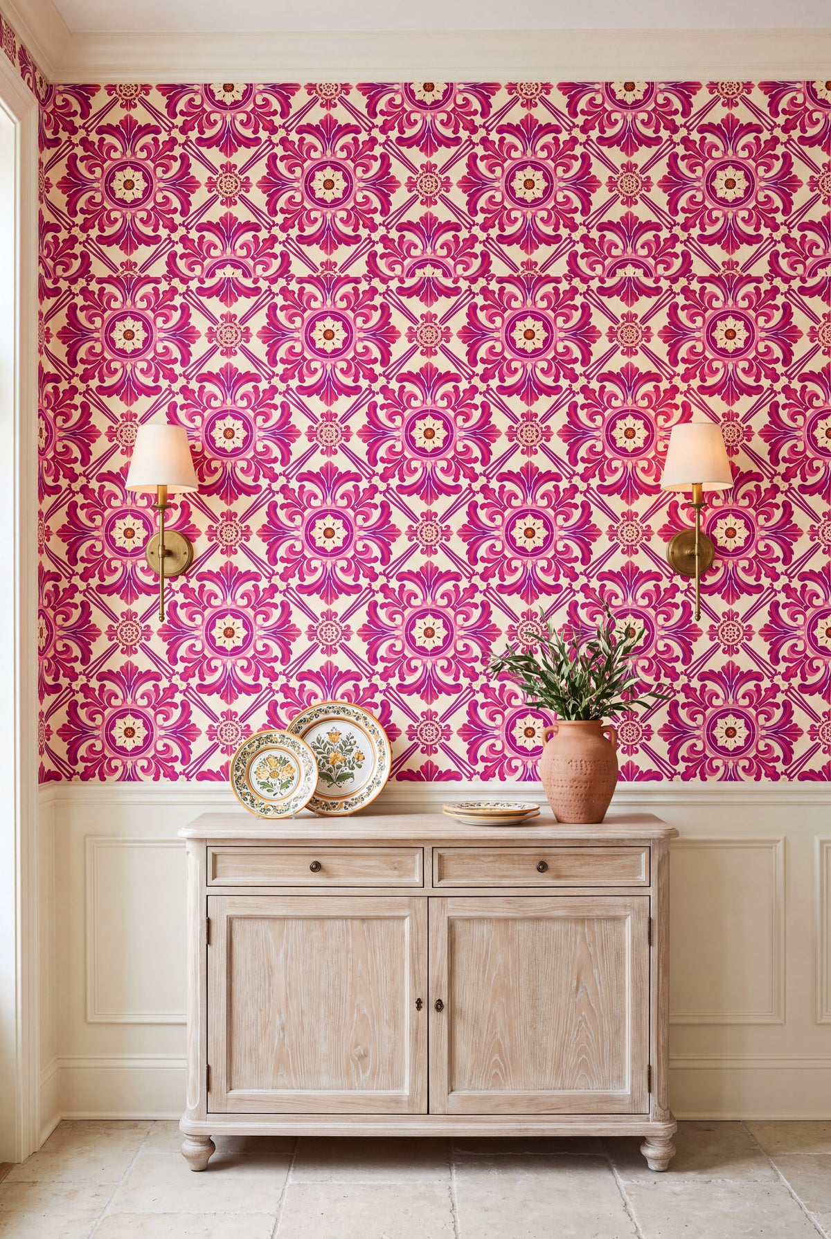 Coimbra Rose wallpaper shown in a dining room