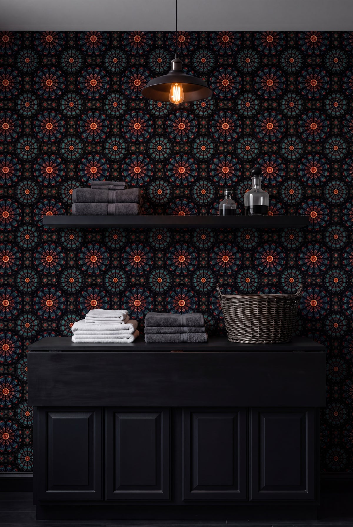 Vesper Rosette wallpaper shown in a laundry room