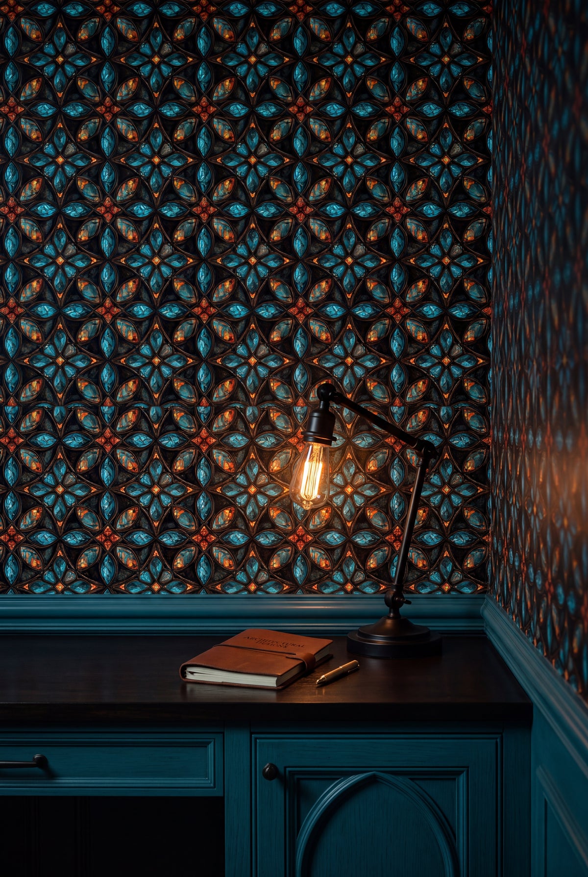 Teal Quatrefoil wallpaper shown in a home office