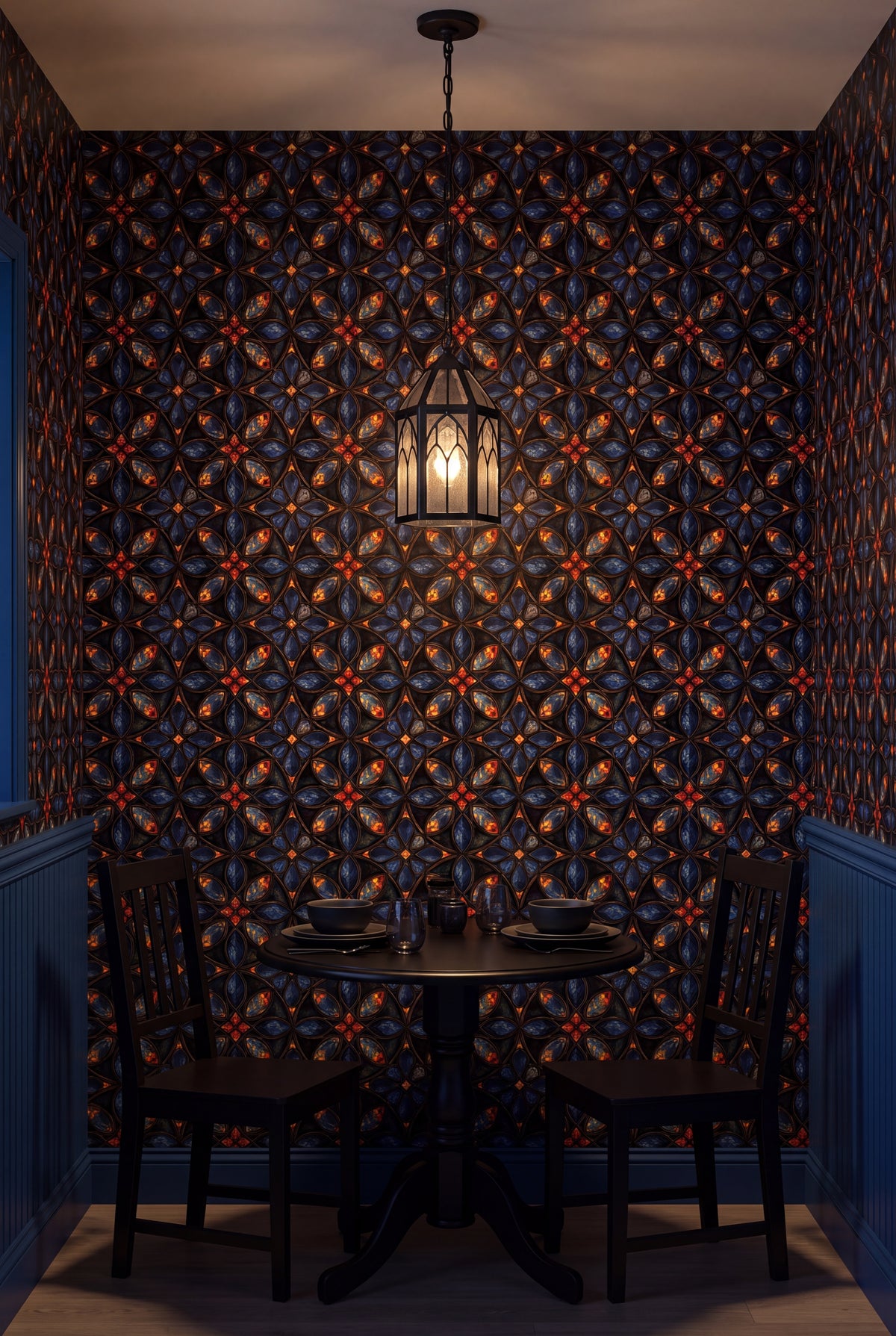 Sapphire Quatrefoil wallpaper shown in a kitchen breakfast nook