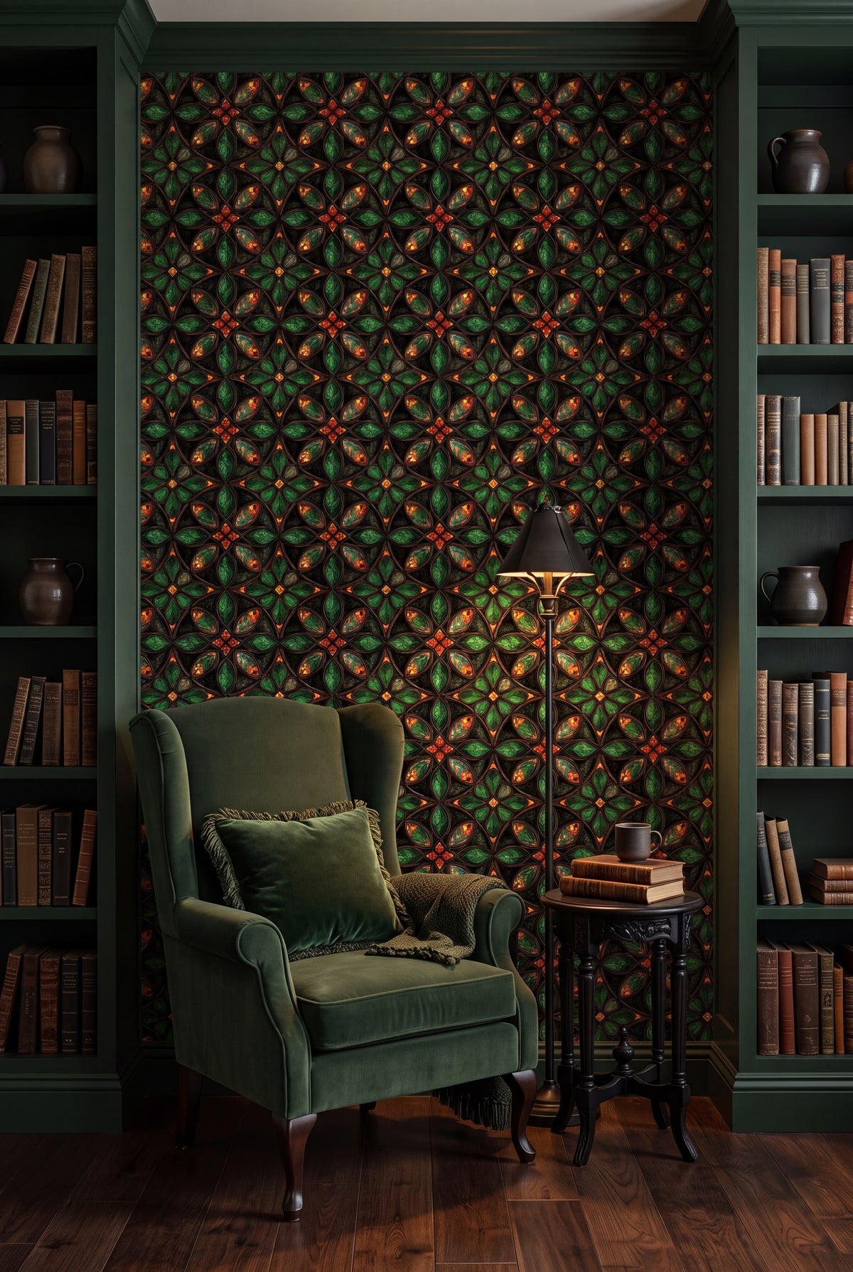 Forest Quatrefoil wallpaper shown in a reading nook