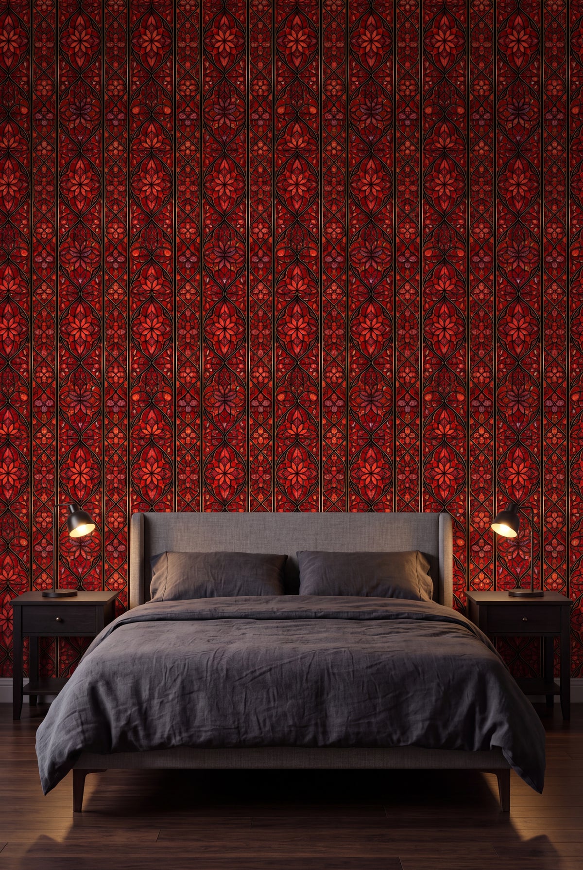 Cathedral Flame wallpaper shown in a bedroom