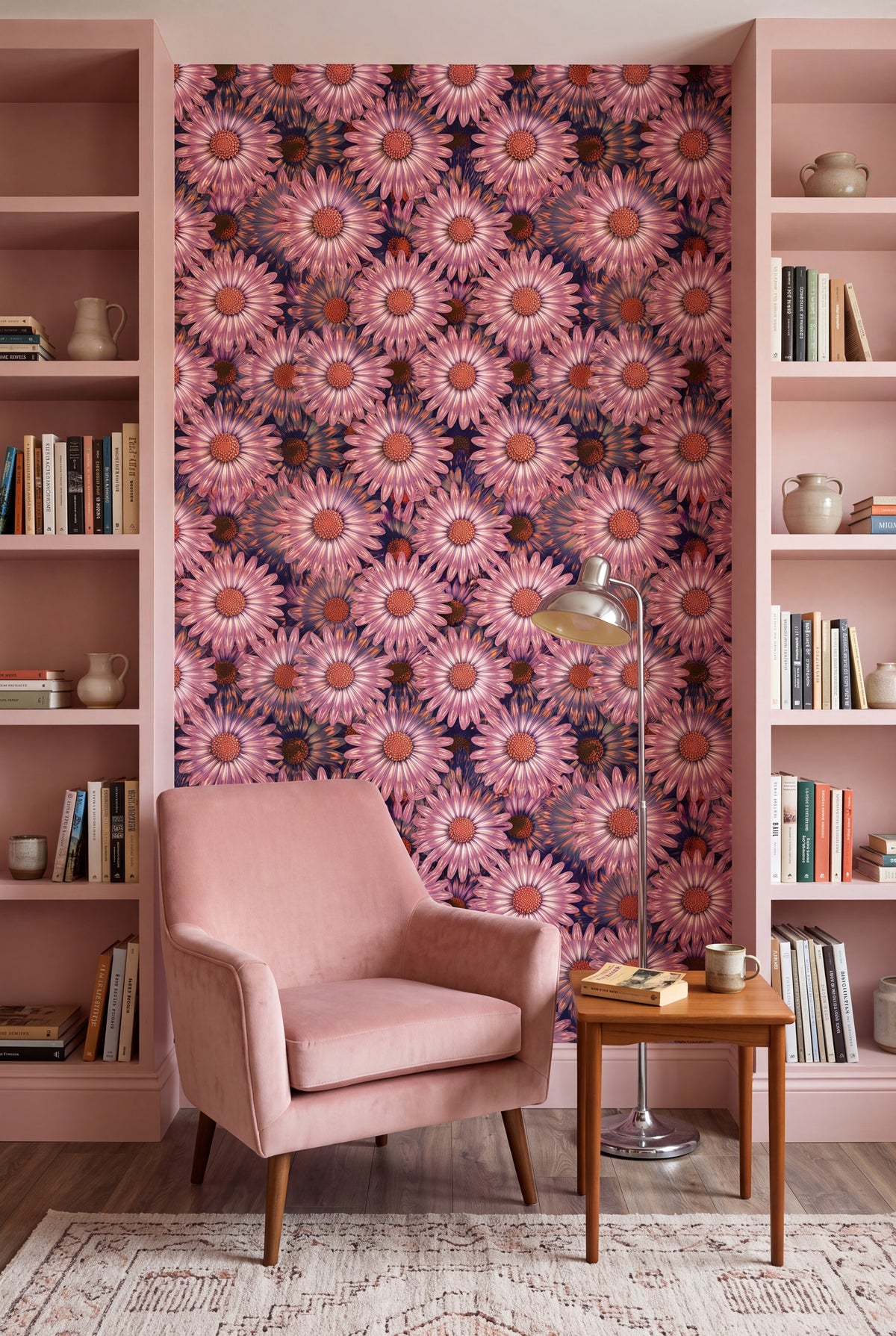 Blush Daisy wallpaper shown in a reading nook