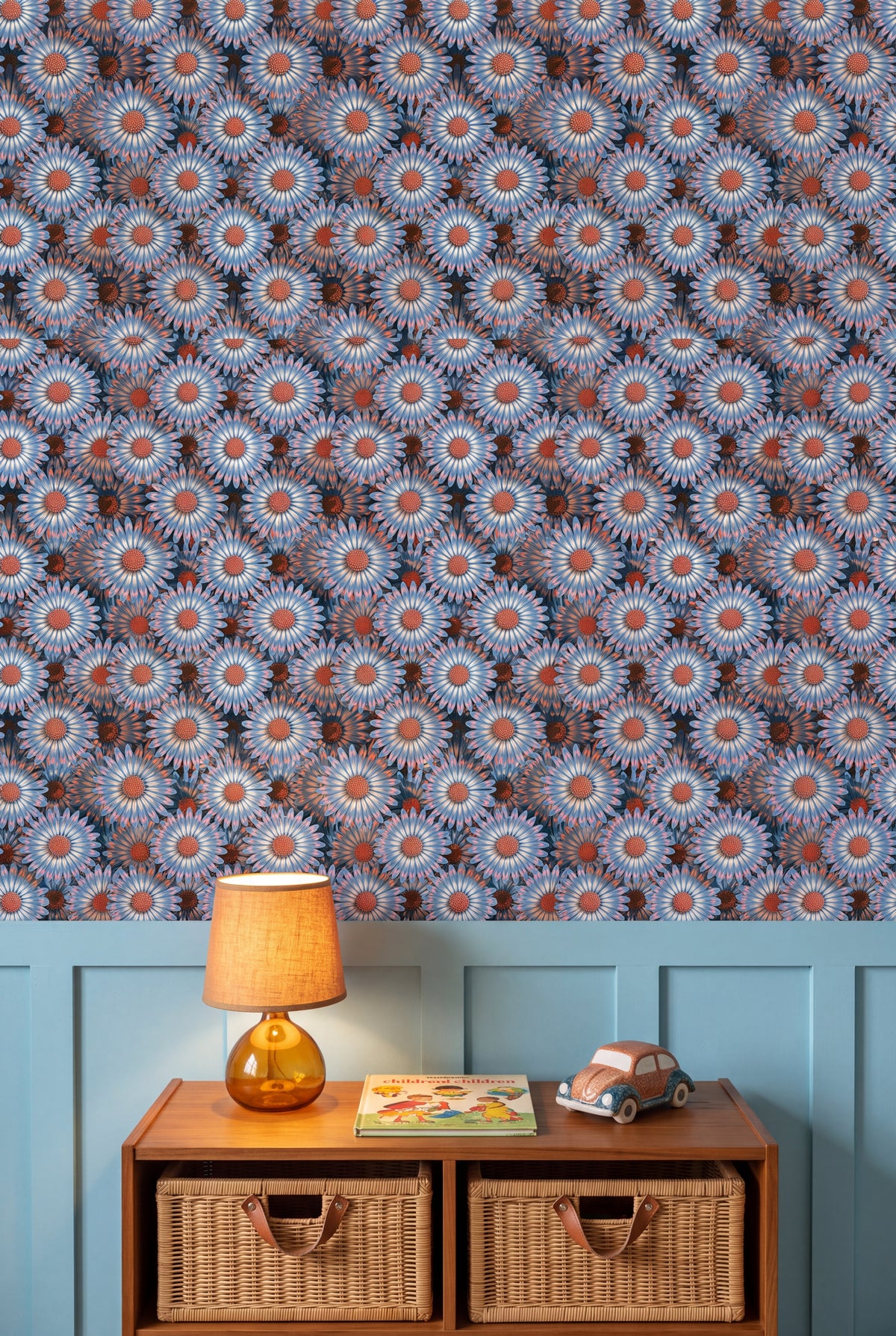 Lagoon Daisy wallpaper shown in a kids room