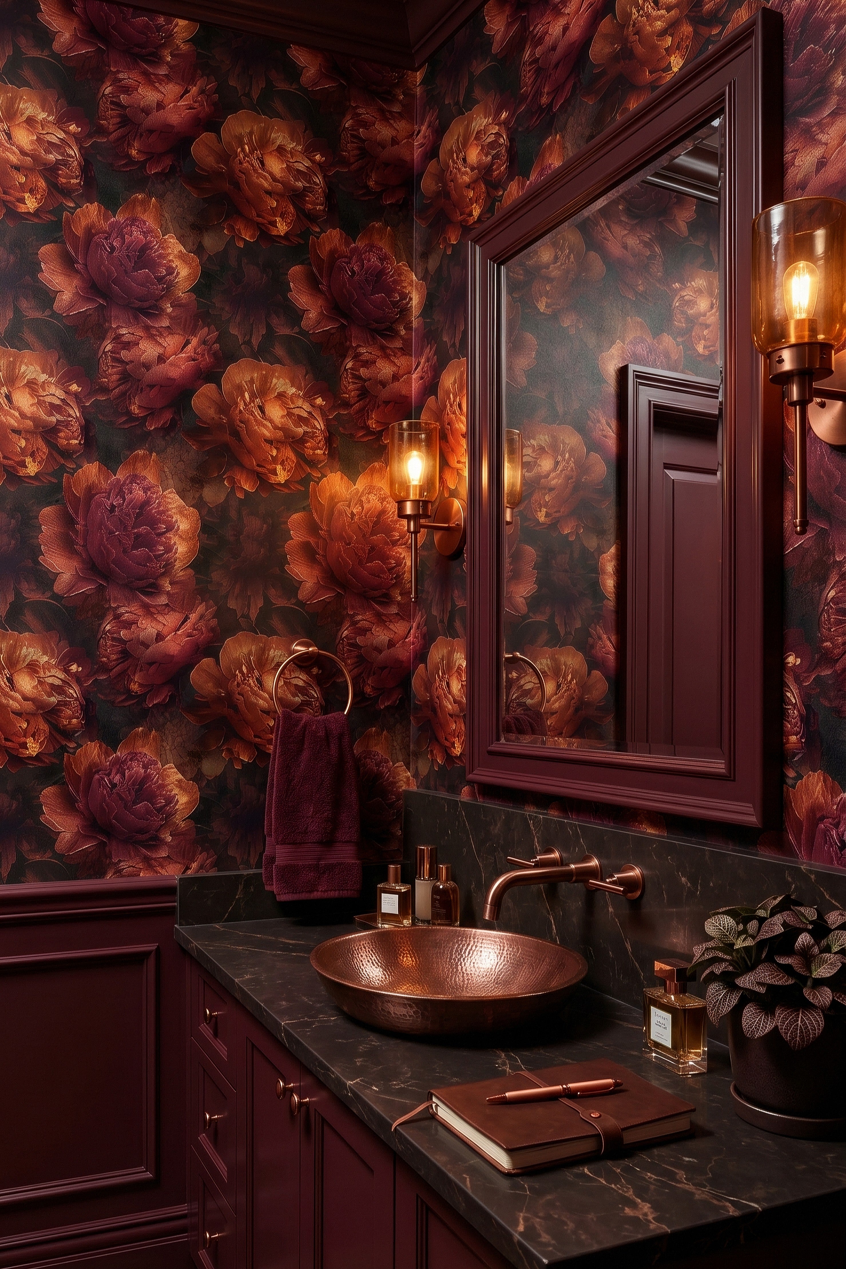 Velvet Peony wallpaper shown in a powder room