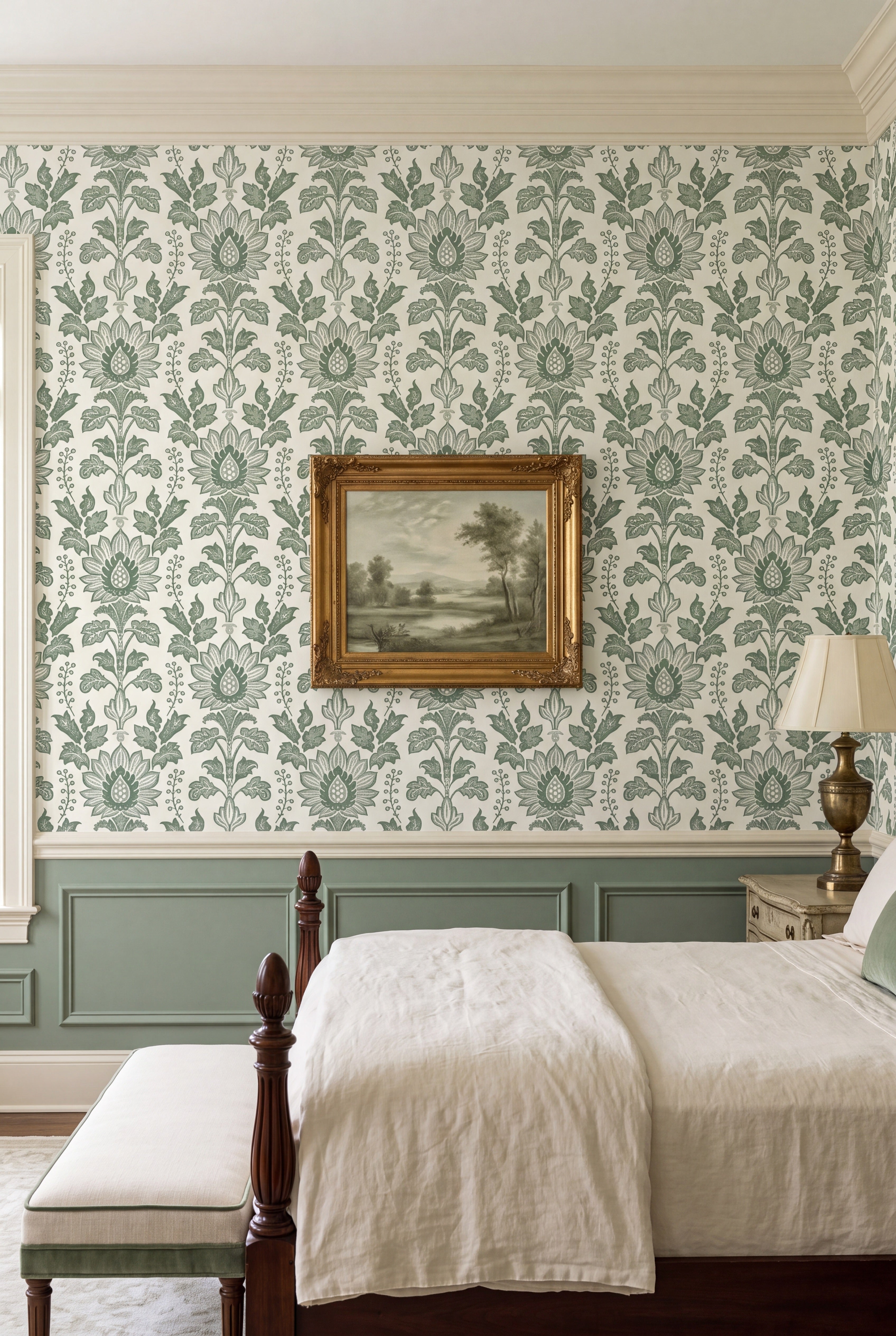Cotswold wallpaper shown in a bedroom