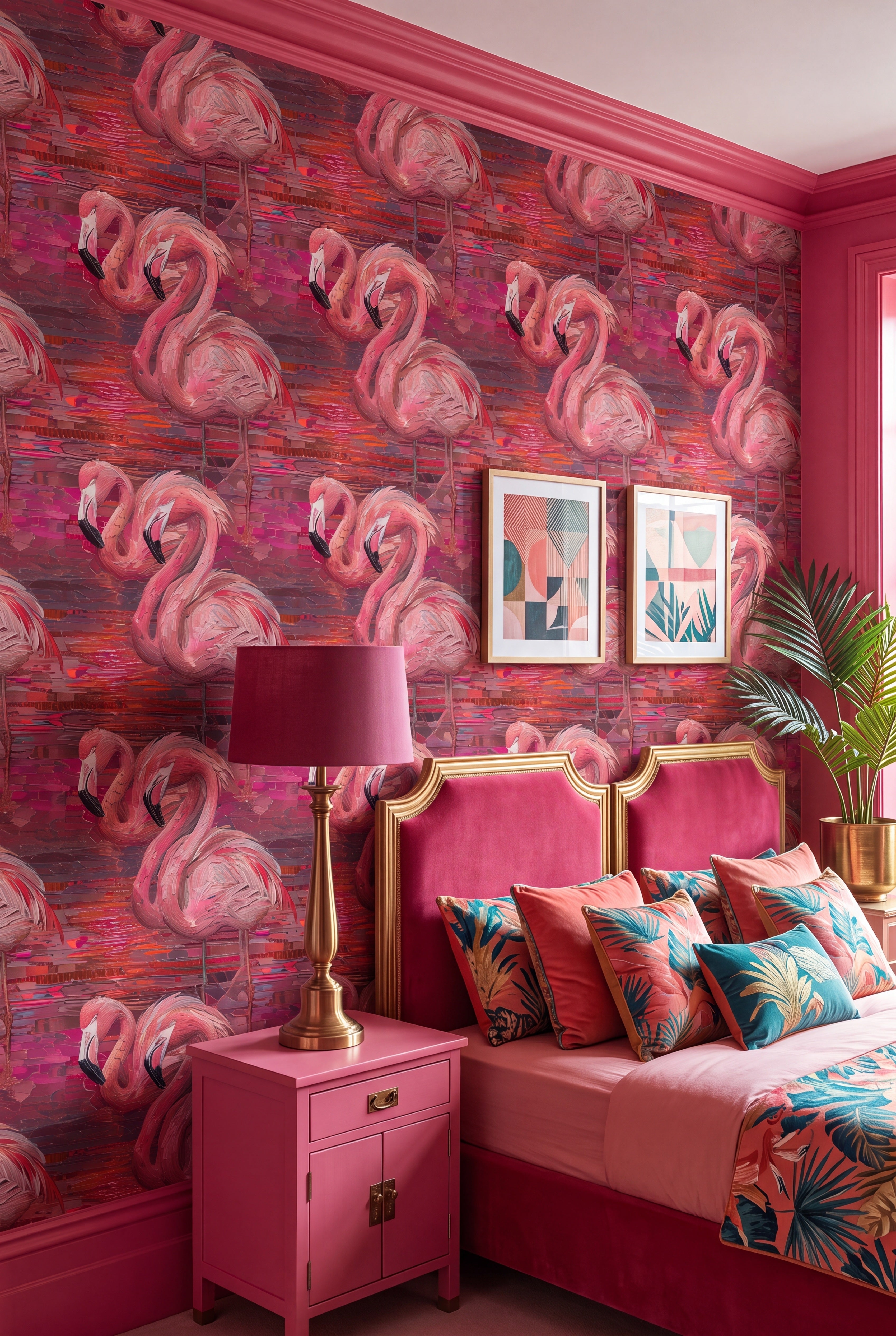 Flamingo Cabana wallpaper shown in a bedroom