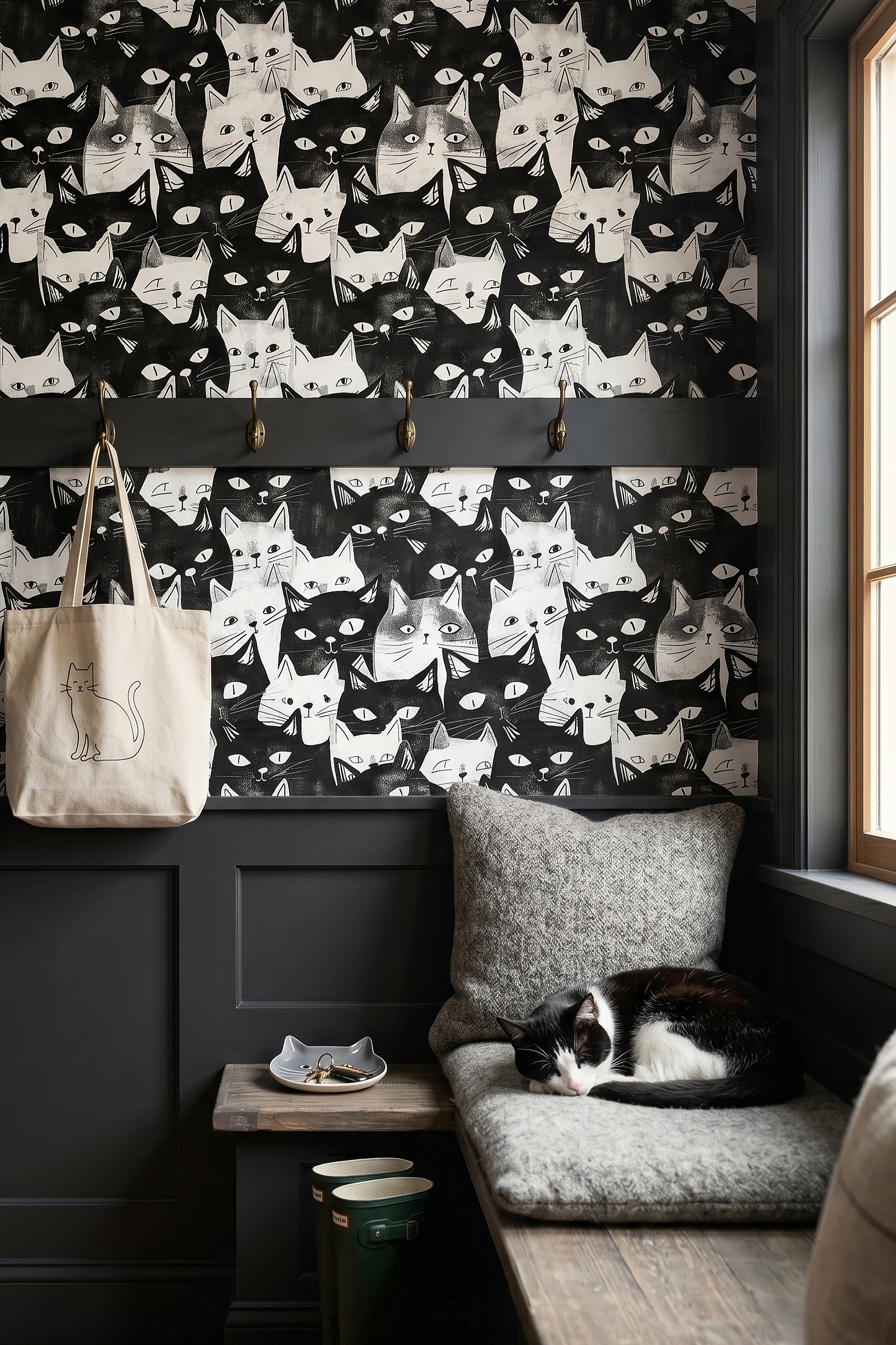 Cat's Meow wallpaper shown in a mudroom