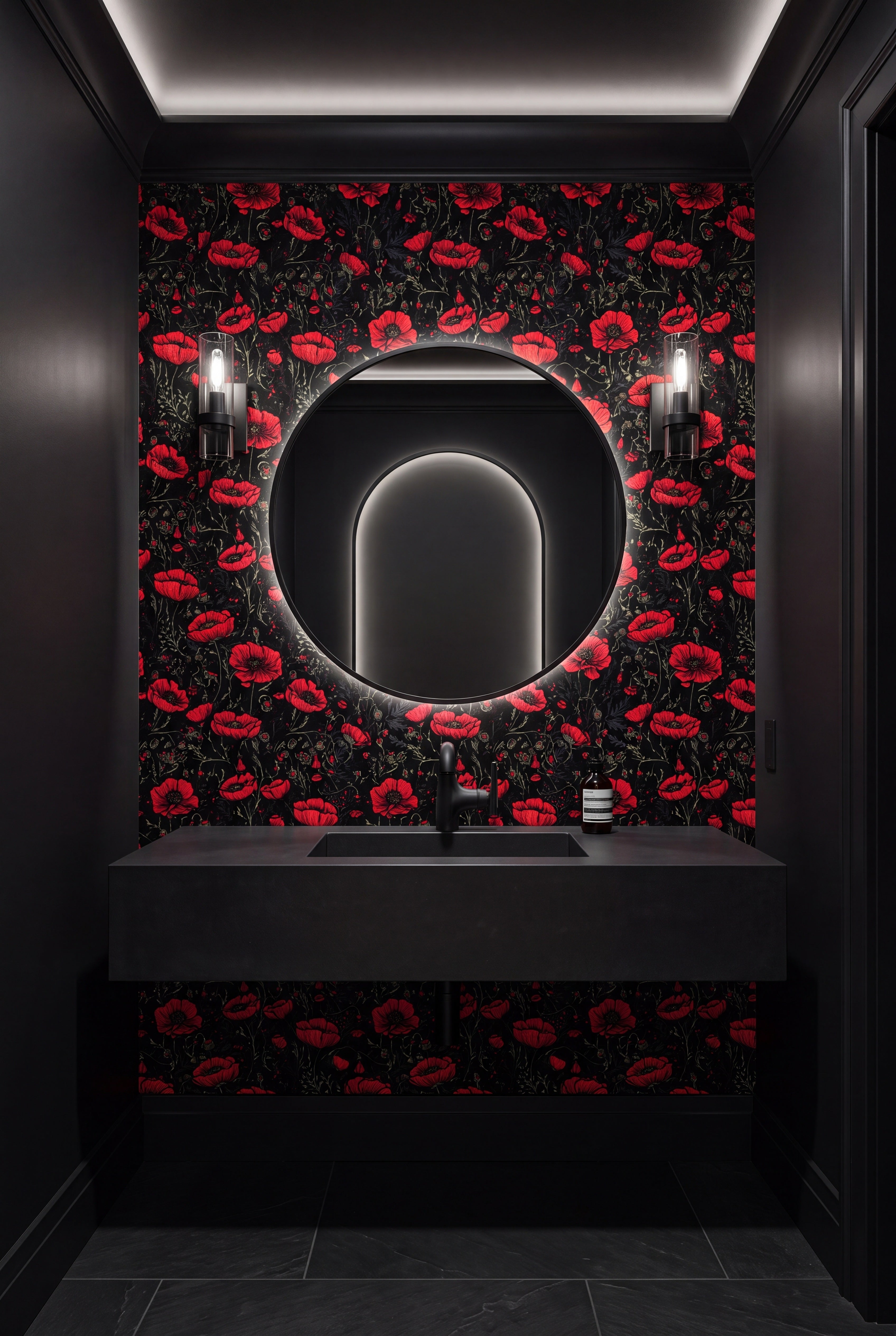 Shadow Bloom wallpaper shown in a powder room