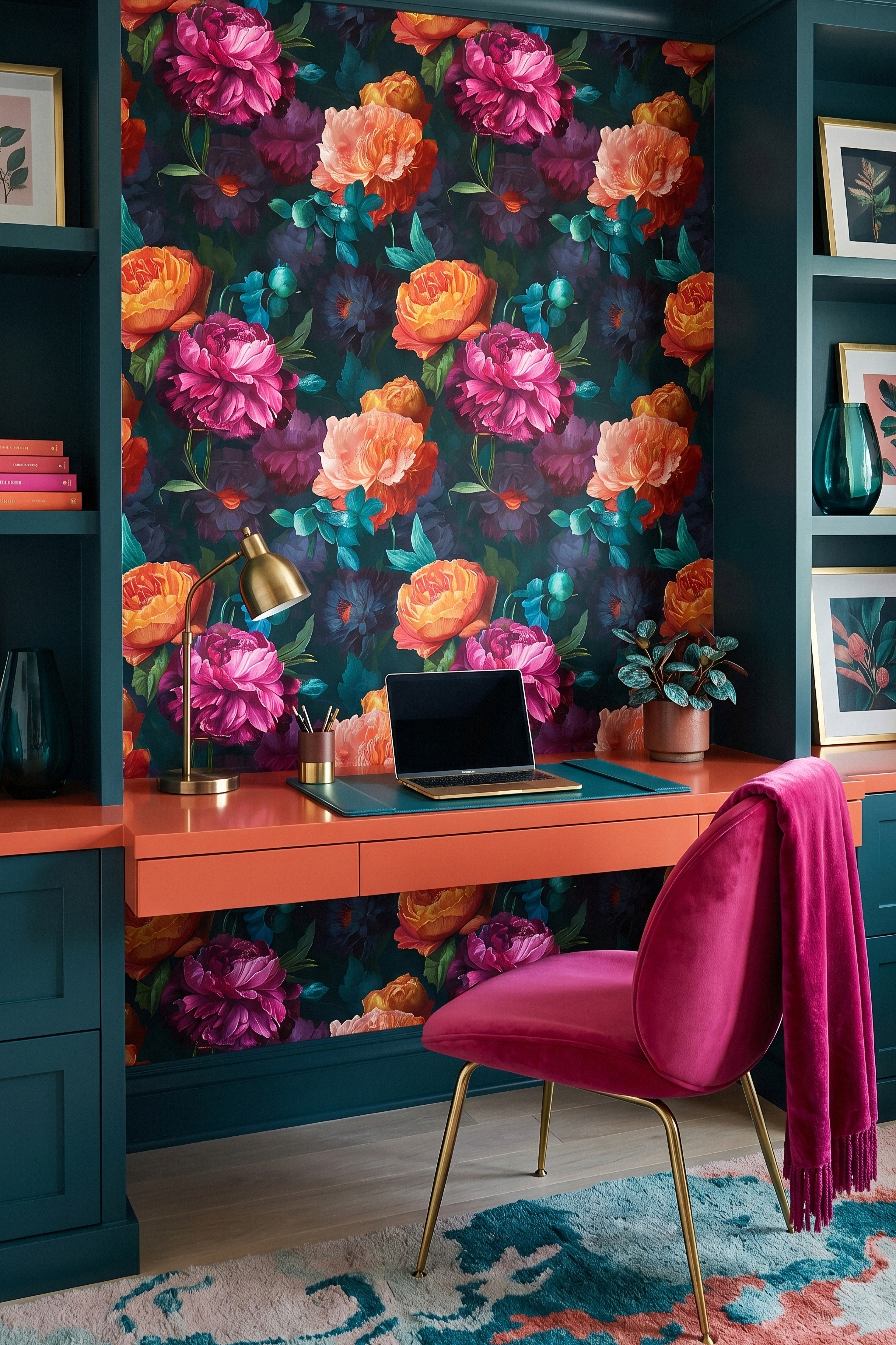 Dusk Peony wallpaper shown in a home office