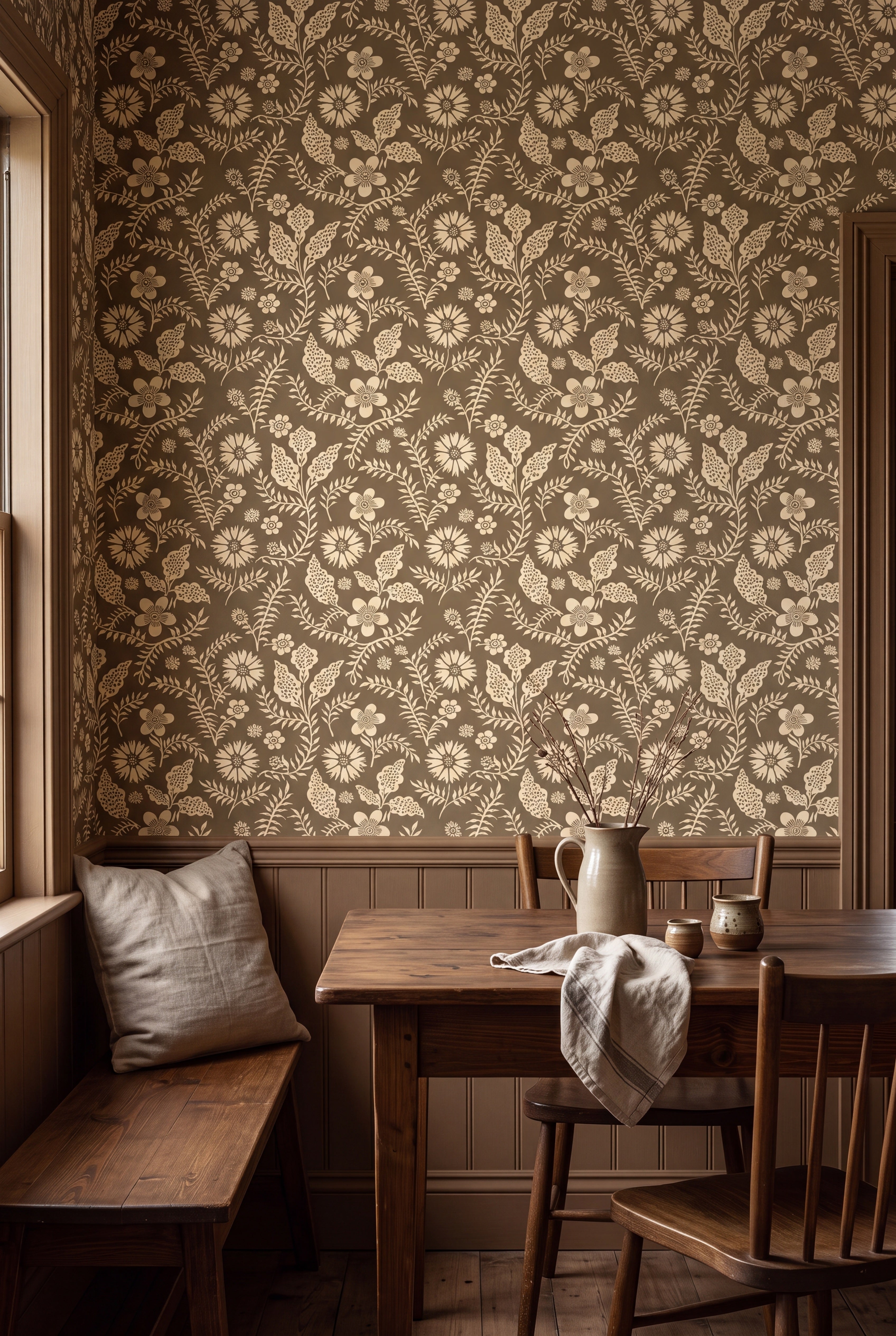 Nordic Bloom wallpaper shown in a cozy nook