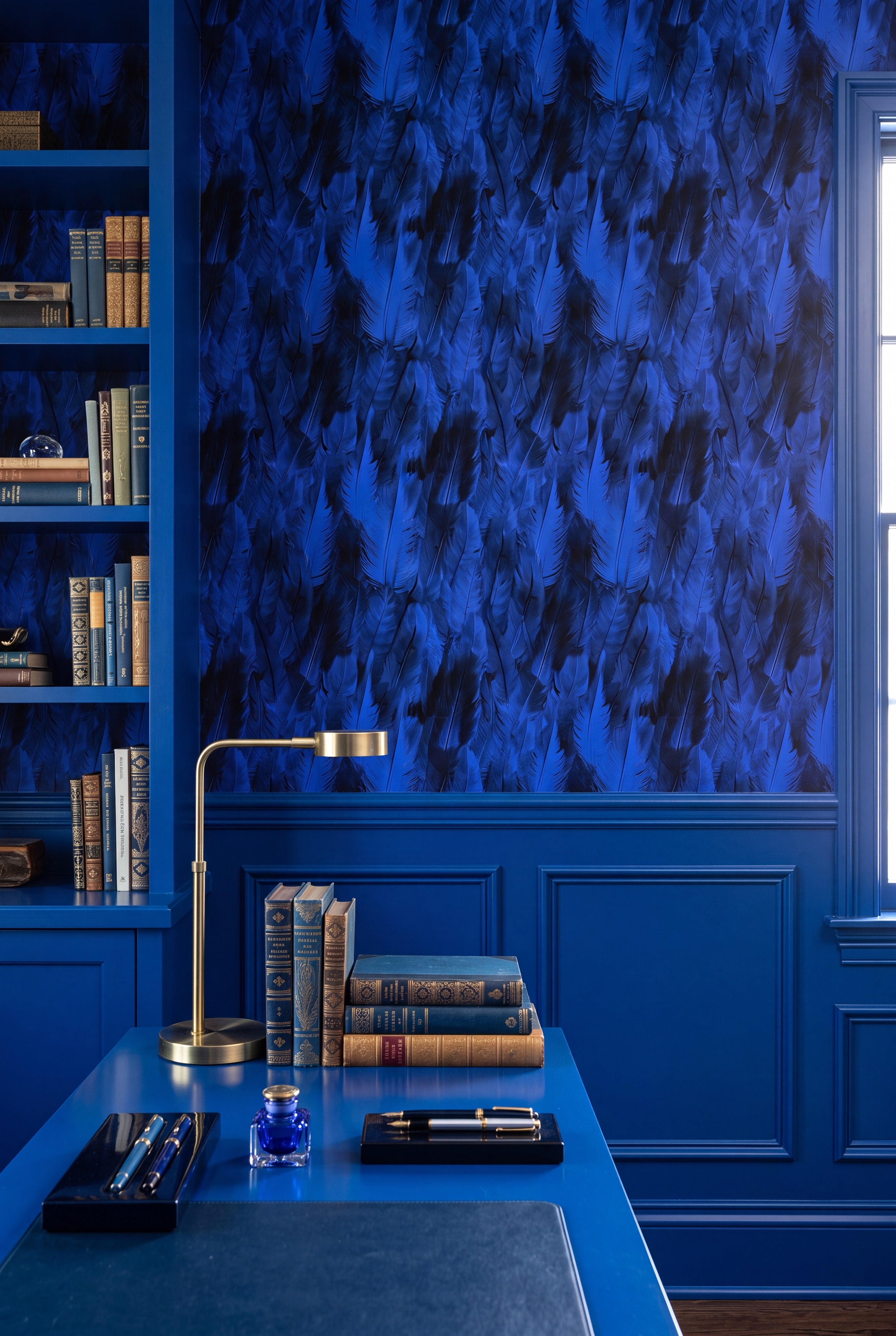 Cobalt Plume wallpaper shown in a home office