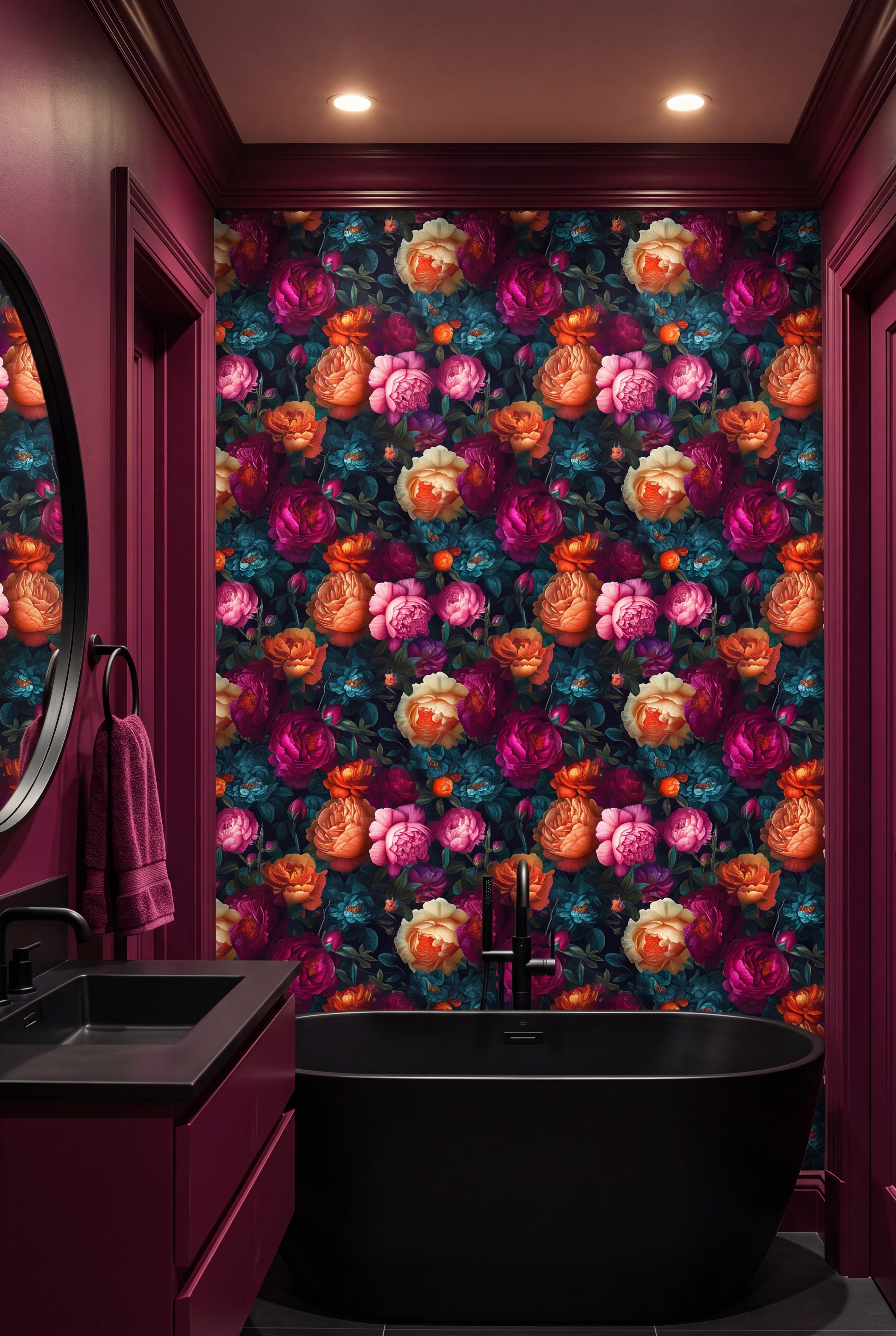 Gemstone Garden wallpaper shown in a bathroom