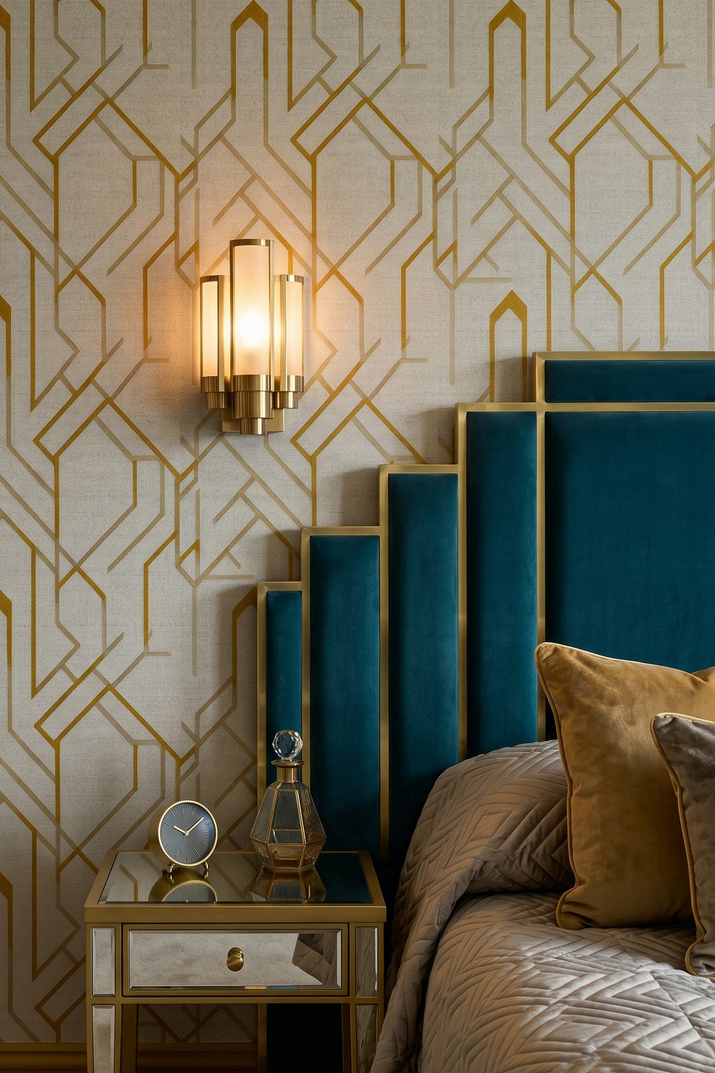 Gilded Age wallpaper shown in a bedroom