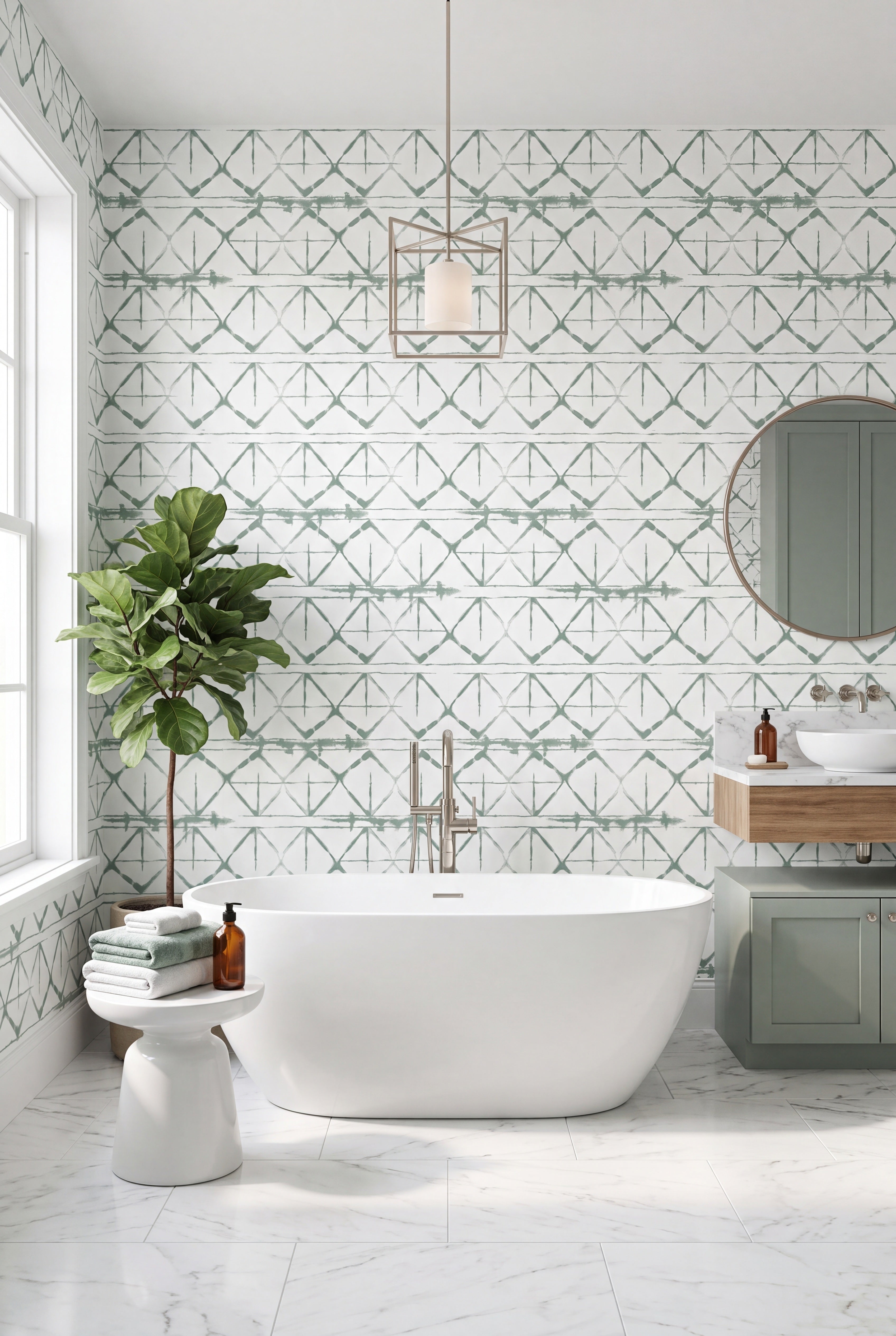 Sage Shibori wallpaper shown in a bathroom