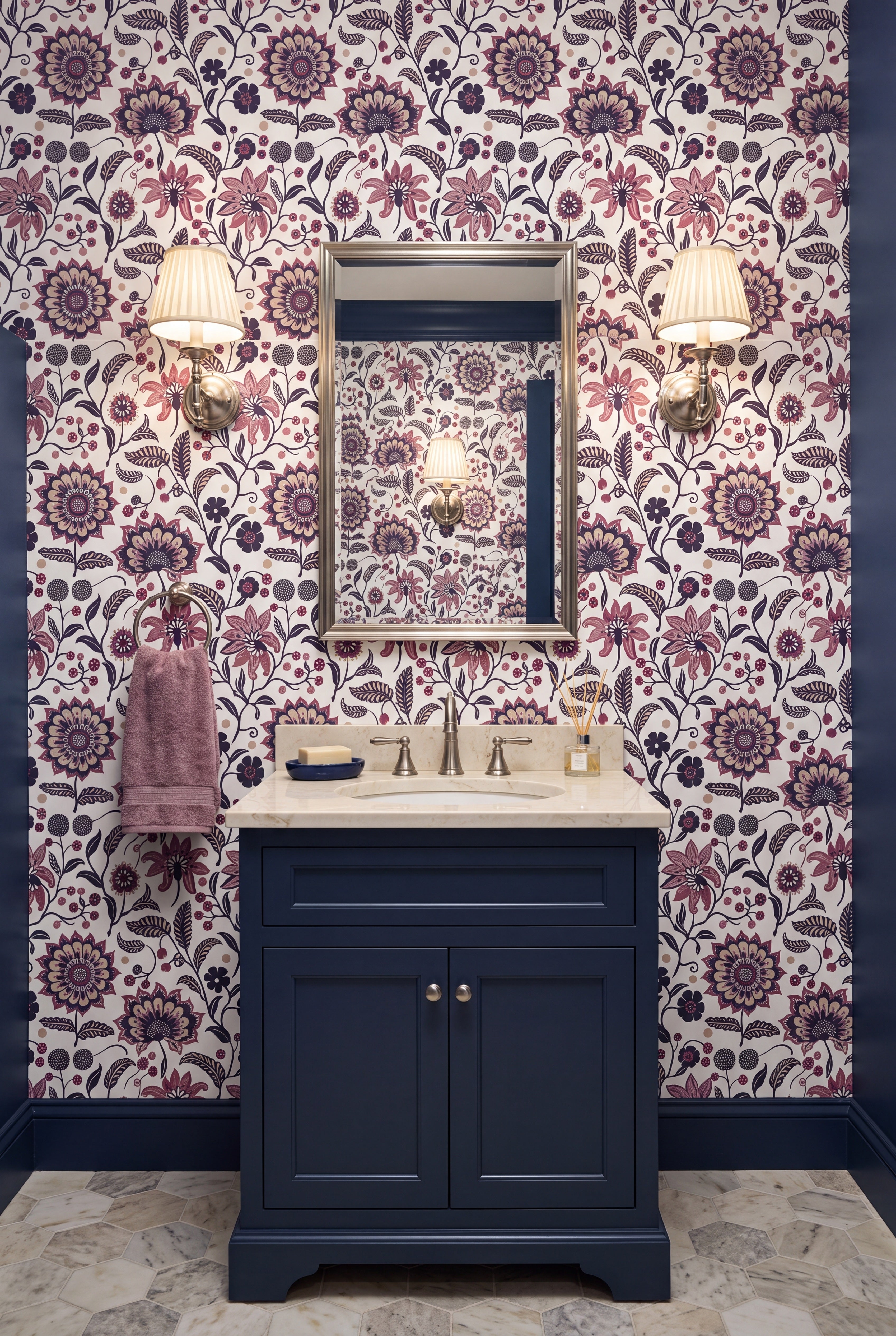 Plum Folklore wallpaper shown in a powder room