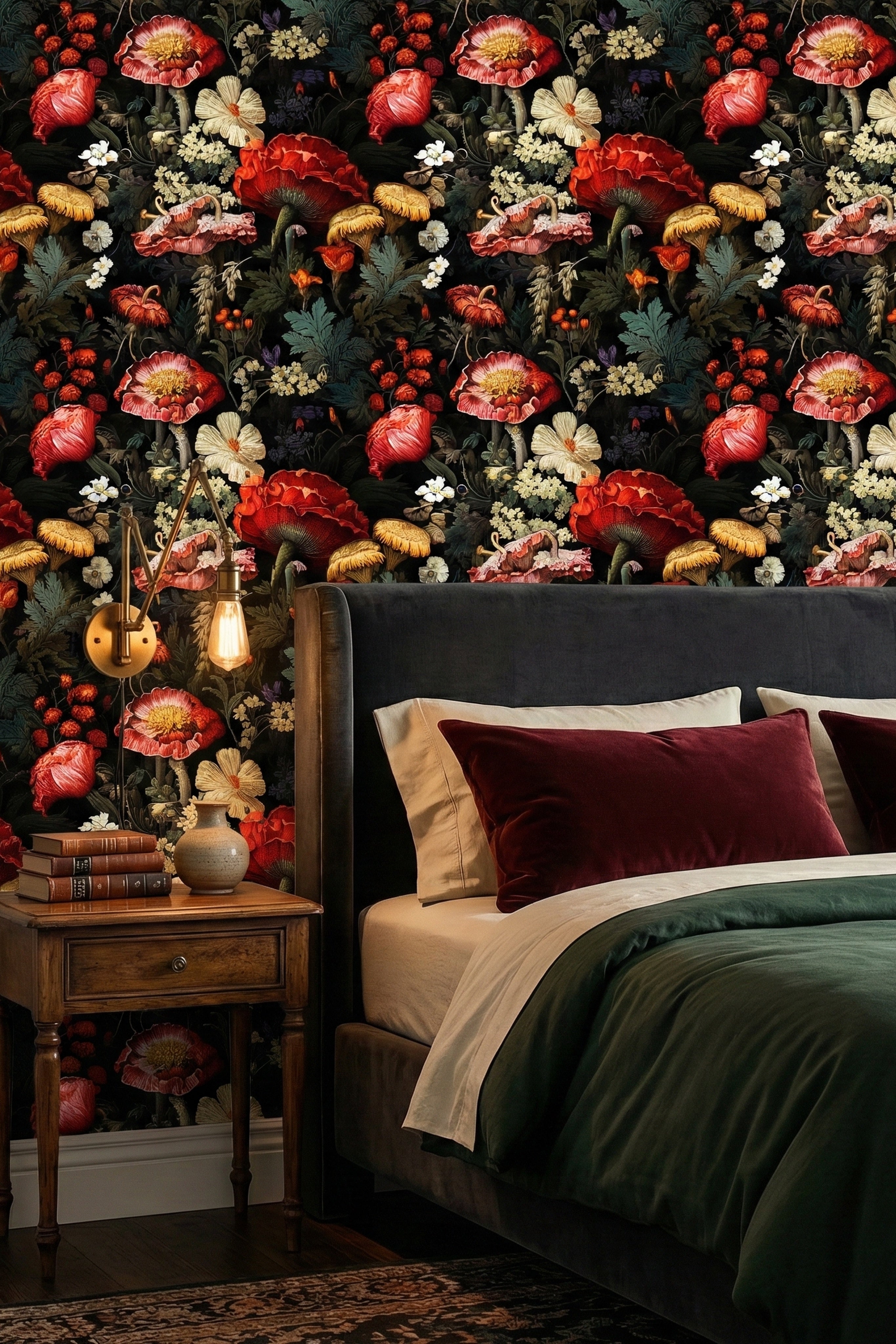 Scarlet Meadow wallpaper shown in a bedroom