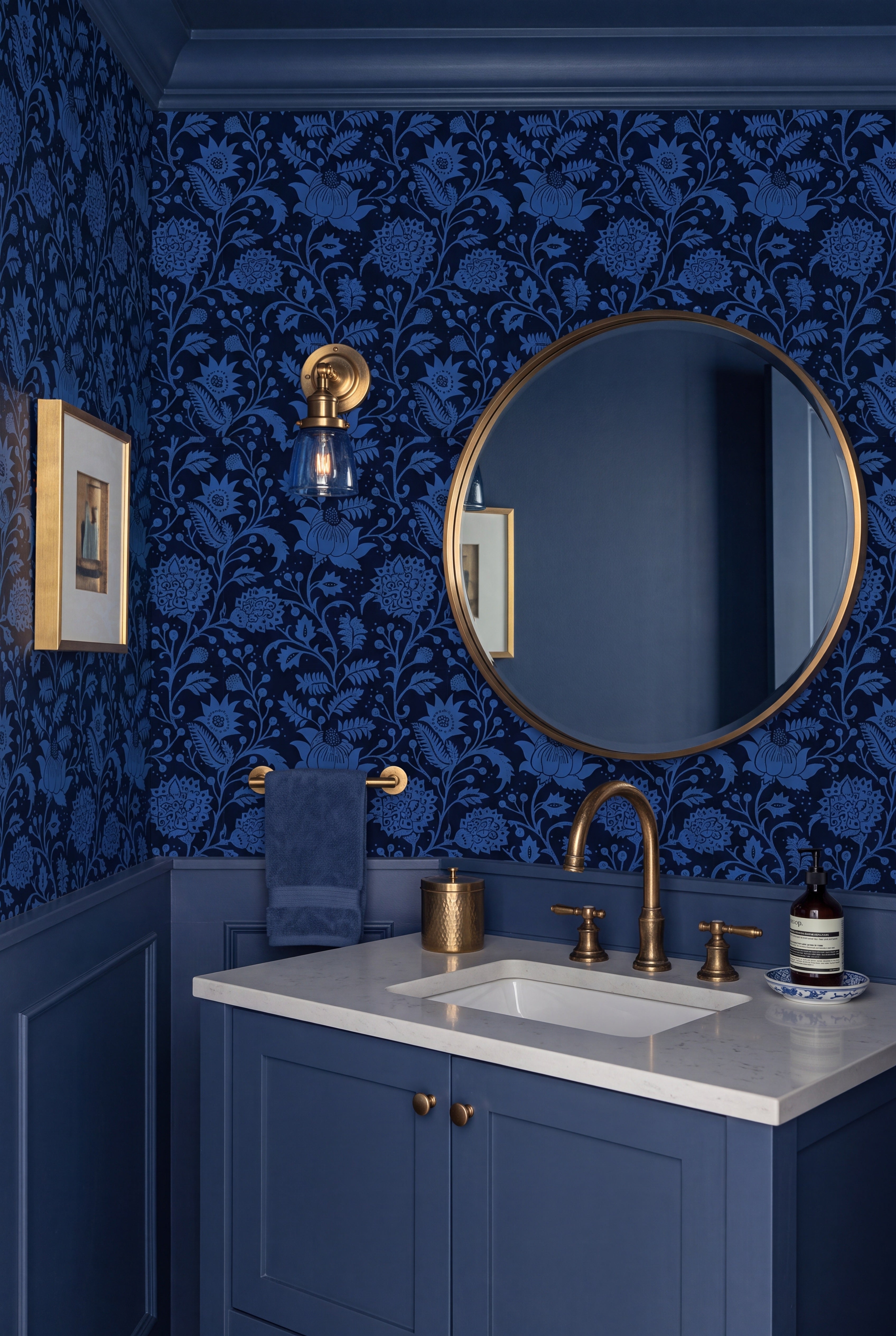 Baltic Bloom wallpaper shown in a powder room
