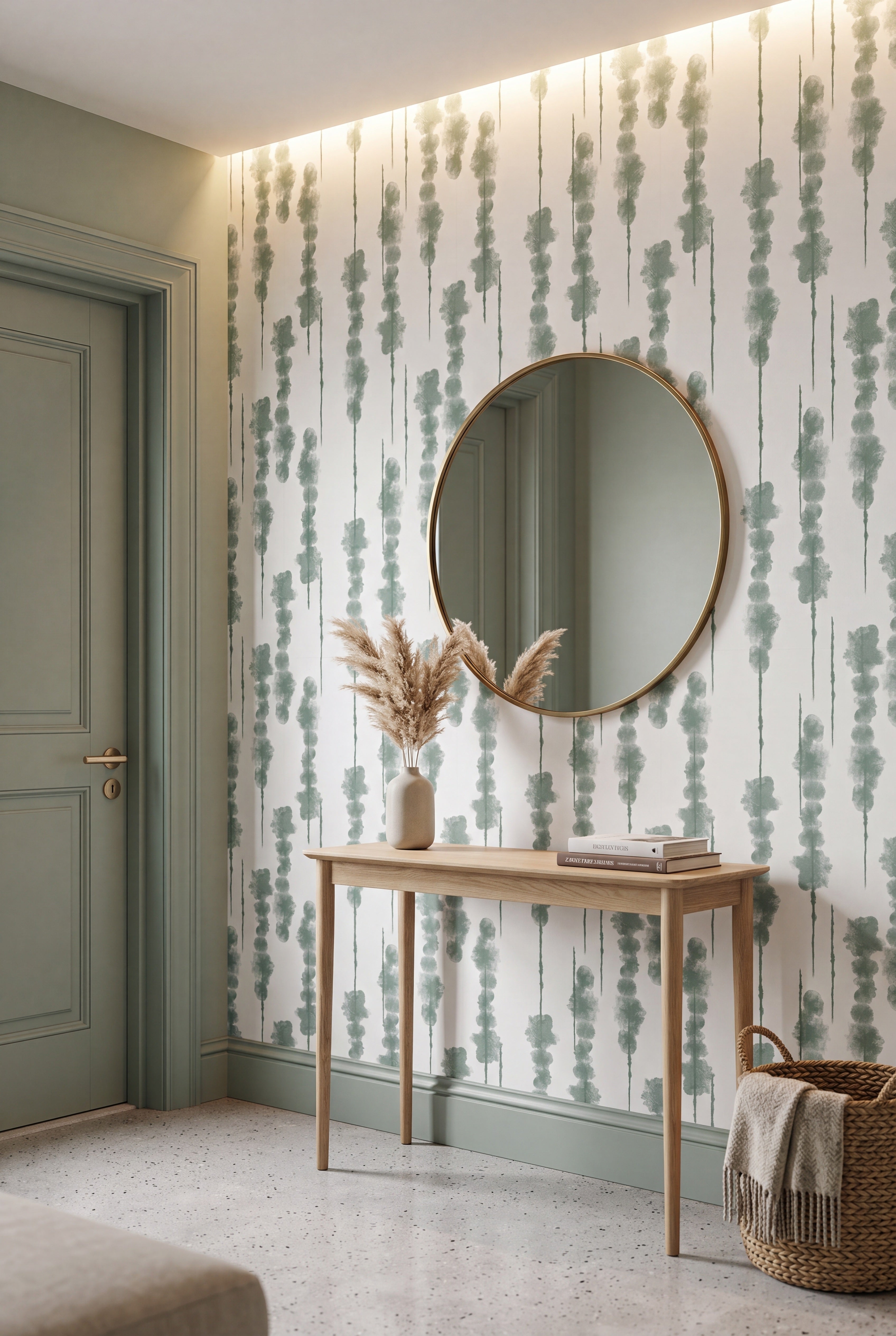 Shibori Stripe wallpaper shown in an entryway