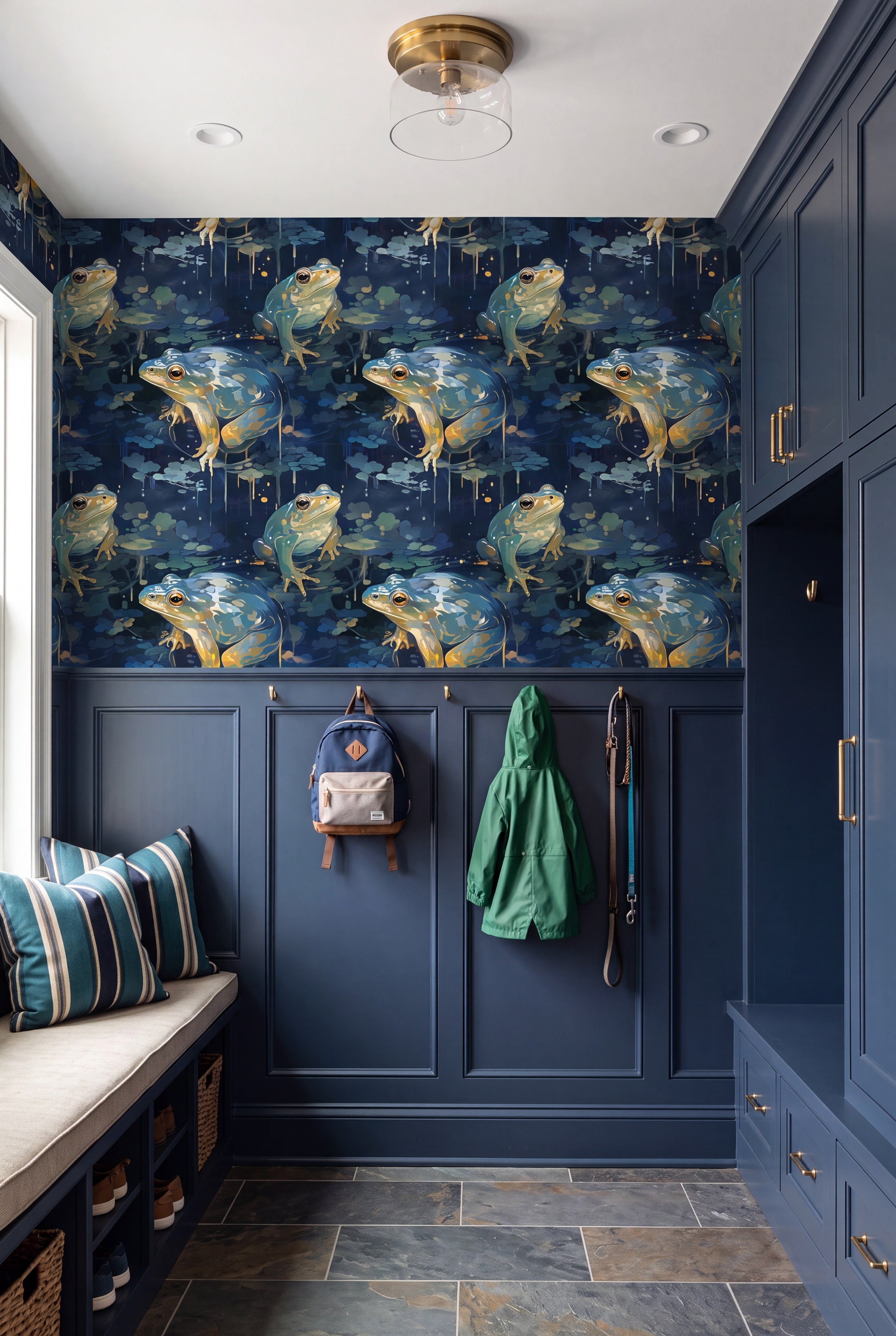 Frog Prince wallpaper shown in a mudroom