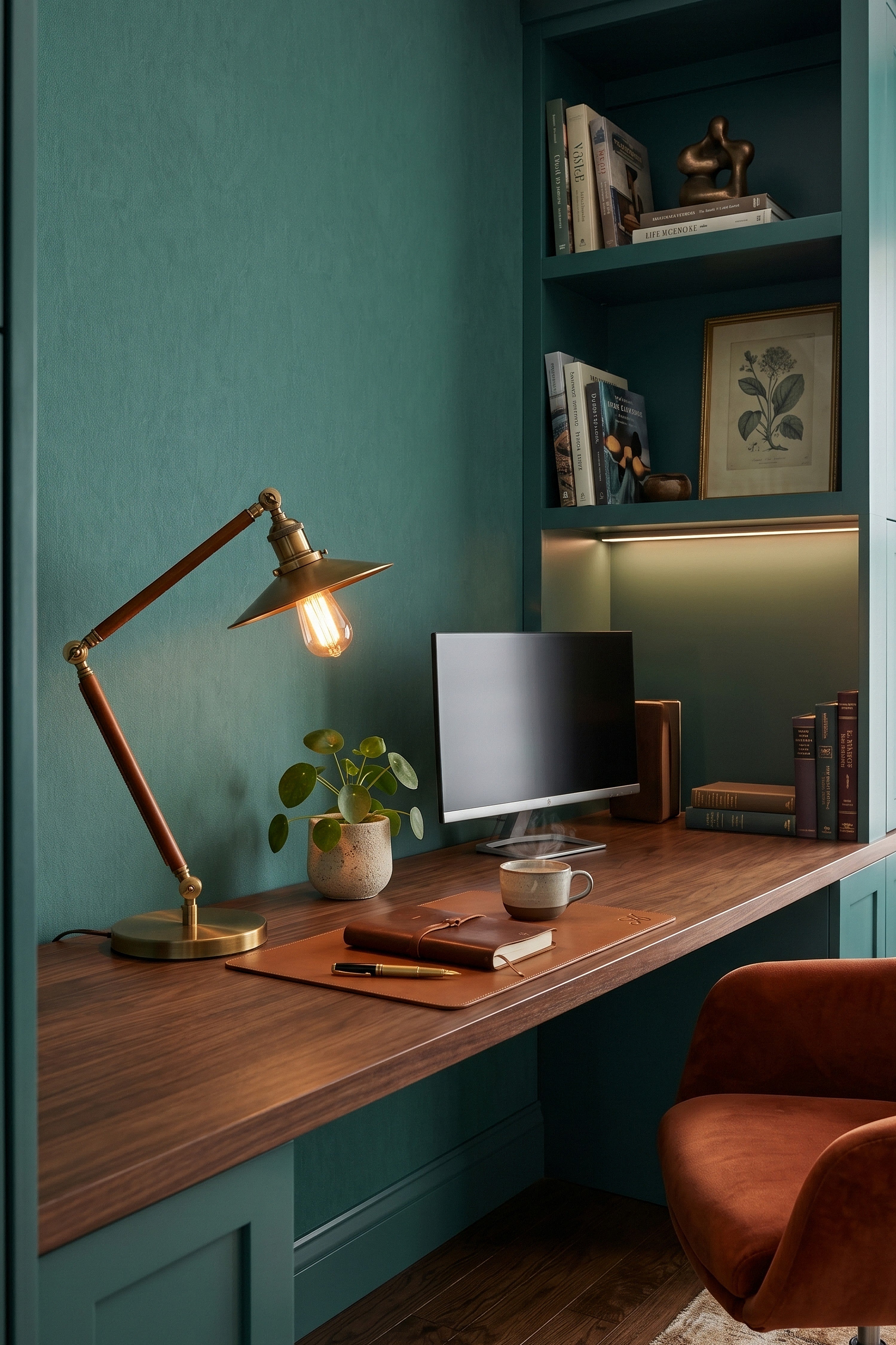 Verdigris wallpaper shown in a home office