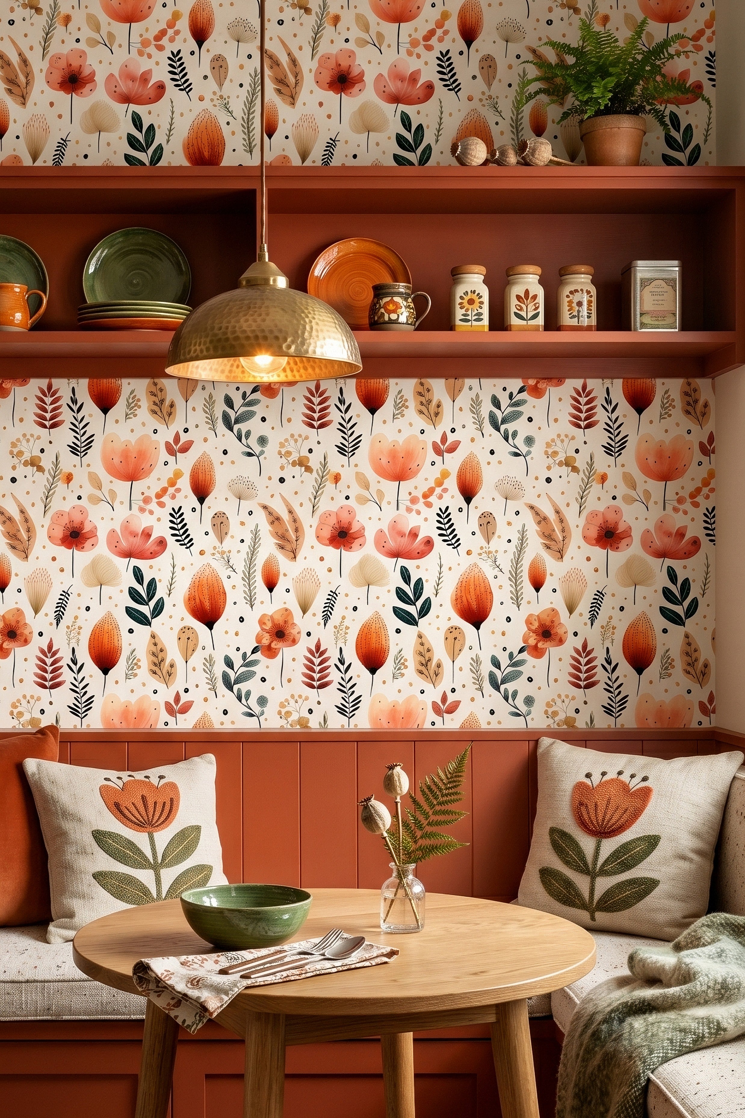 Clay Meadow wallpaper shown in a cozy nook
